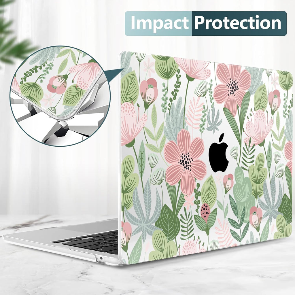 TWOLSKOO Compatible with M4 MacBook Air 15 inch Case 2025-2023 Released Model M4 A3241 M3 A3114 M2 A2941, Plastic Hard Shell & Screen Protector & Keyboard Cover & Trackpad Film, Leaves Flowers X732