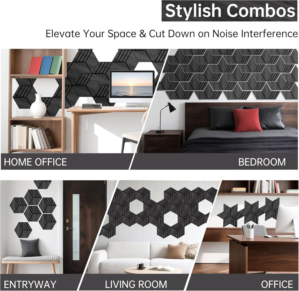 Mollywell Hexagon Acoustic Panels, Black Oak S4, 14x12x0.4 Inch, 12 Pack |Wood Veneer|High Density Sound Proofing Wall Panels|Self Adhesive Sound Dampening Felt Wall Tiles|Home Theater|Gaming Room|