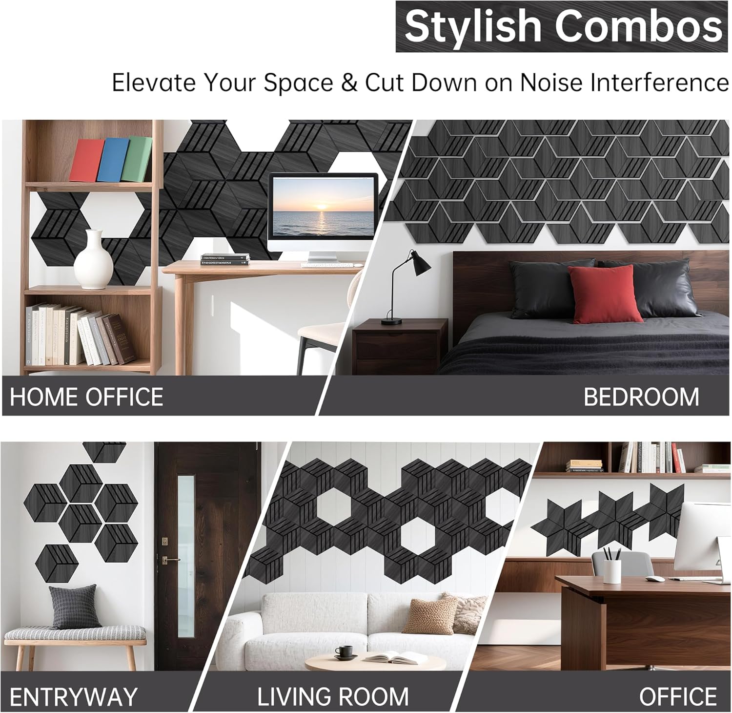 Mollywell Hexagon Acoustic Panels, Black Oak TH4, 14x12x0.4 Inch, 12 Pack |Wood Veneer|High Density Sound Proofing Wall Panels|Self Adhesive Sound Dampening Felt Wall Tiles|Home Theater|Gaming Room|