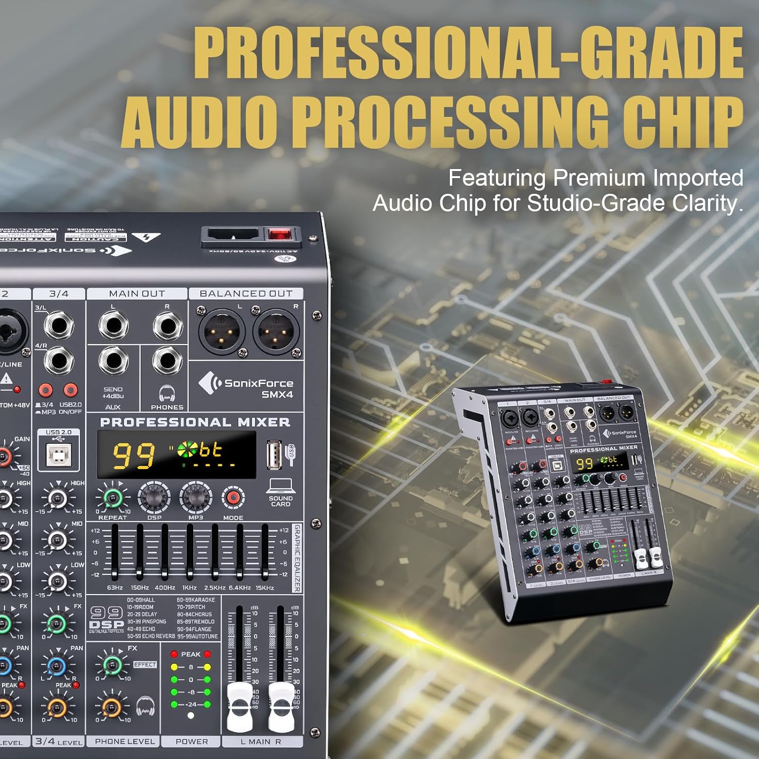 Professional Audio Mixer 4 Channel Sound Board Console System 99 DSP DJ Mixer 48V Phantom for Karaoke DJ Studio Streaming Recording