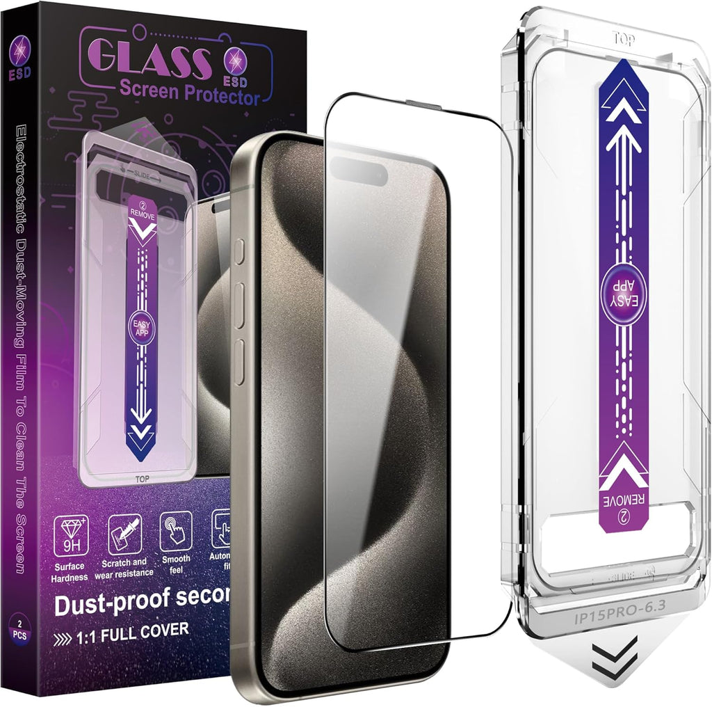 2 Pack Screen Protector for iPhone 16 Pro, 9H Tempered Glass, Full Coverage, Anti-Fingerprint, Auto Dust-Elimination, No Bubble, Easy Installation