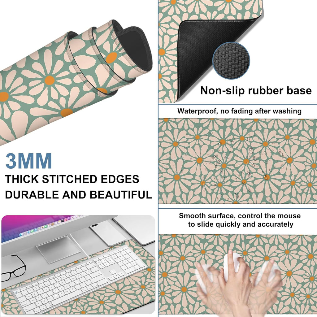 Retro Daisy Flowers Gaming Mouse Pad 3mm Thick Stitched Edge Waterproof Non-Slip Large Computer Keyboard Mouse Mat,Suitable for Office Entertainment Decorative Desk Pad 35.4 x 15.7 Inches