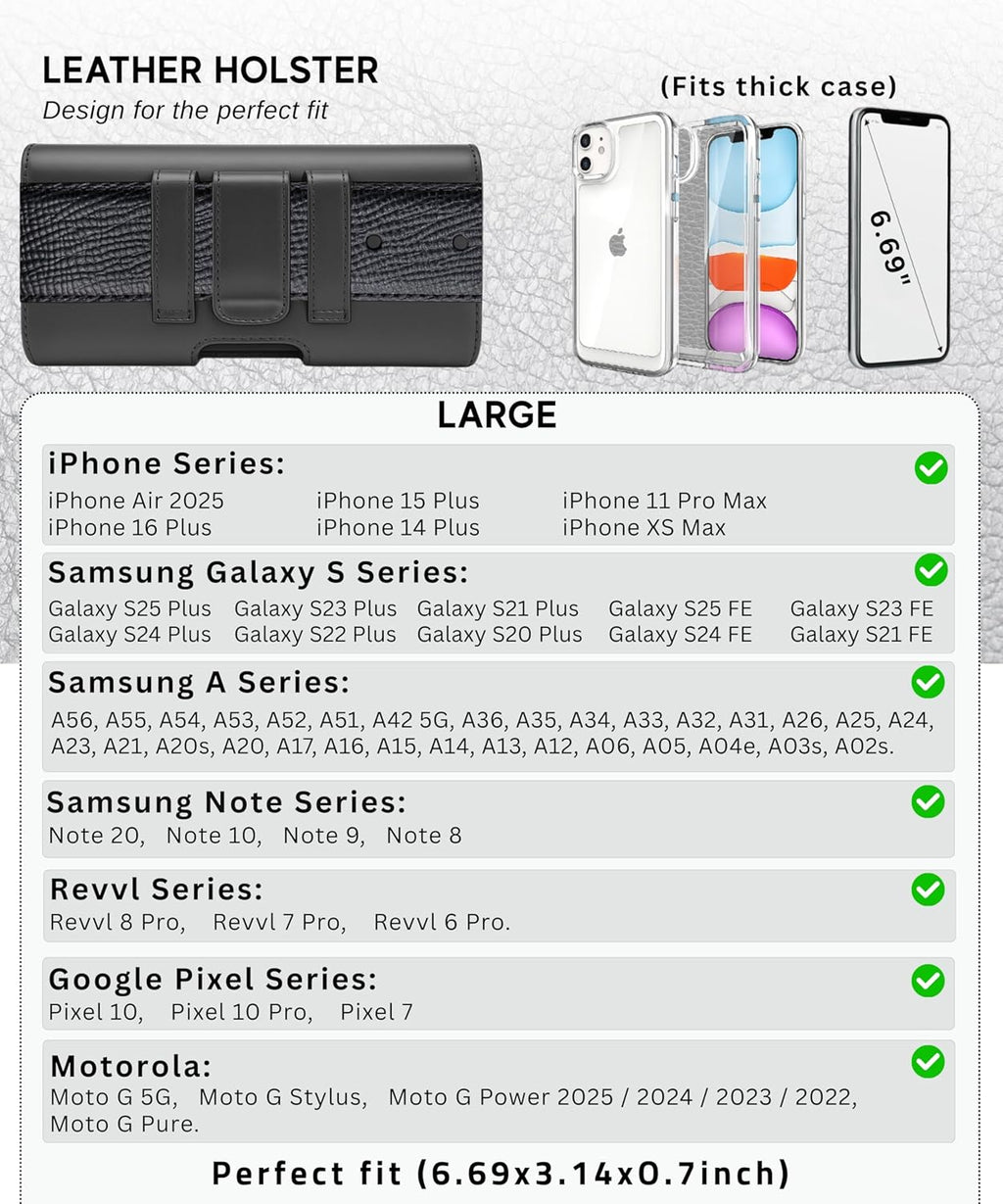 Leather Phone Holster for Men & Women, Horizontal Cell Phone Case - Fits iPhone Air 2025, 16/15/14 Plus/11 Pro Max, XS Max, Belt Clip/Loop Carrying Phone Pouch Holder, Black Large.