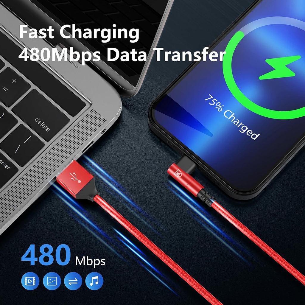 3Pack 90 Degree Lightning Cable, iPhone Charger Cable 6ft, [Apple MFi Certified] Long Fast Charging Cord Compatible for iPhone 14/13/12/11/Pro/Max/Mini/X/Plus/8/7/6/Plus - Red