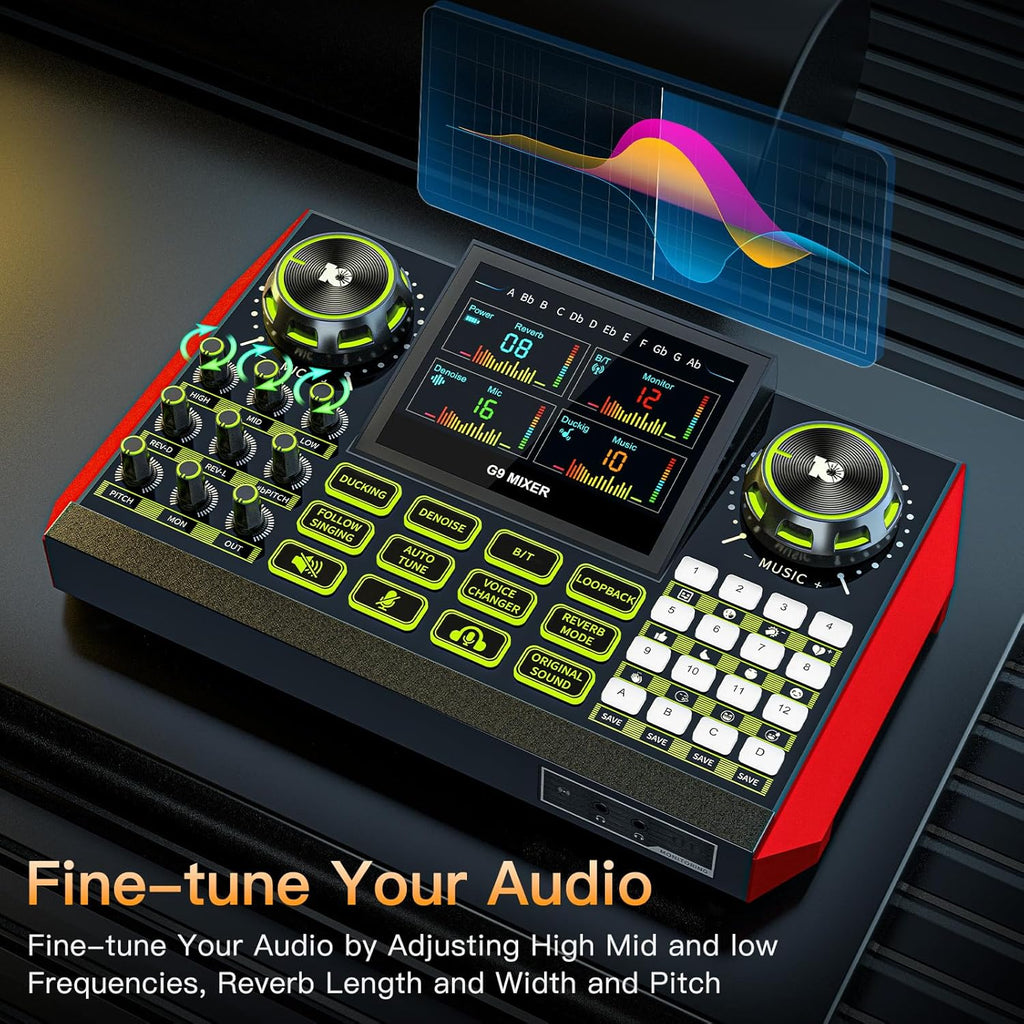 Audio mixer, suitable for live streaming, singing, and gaming on computer/phone; soundboard for 3.5mm condenser microphone; podcast mixer with live sound card, noise reduction, and one-touch mute