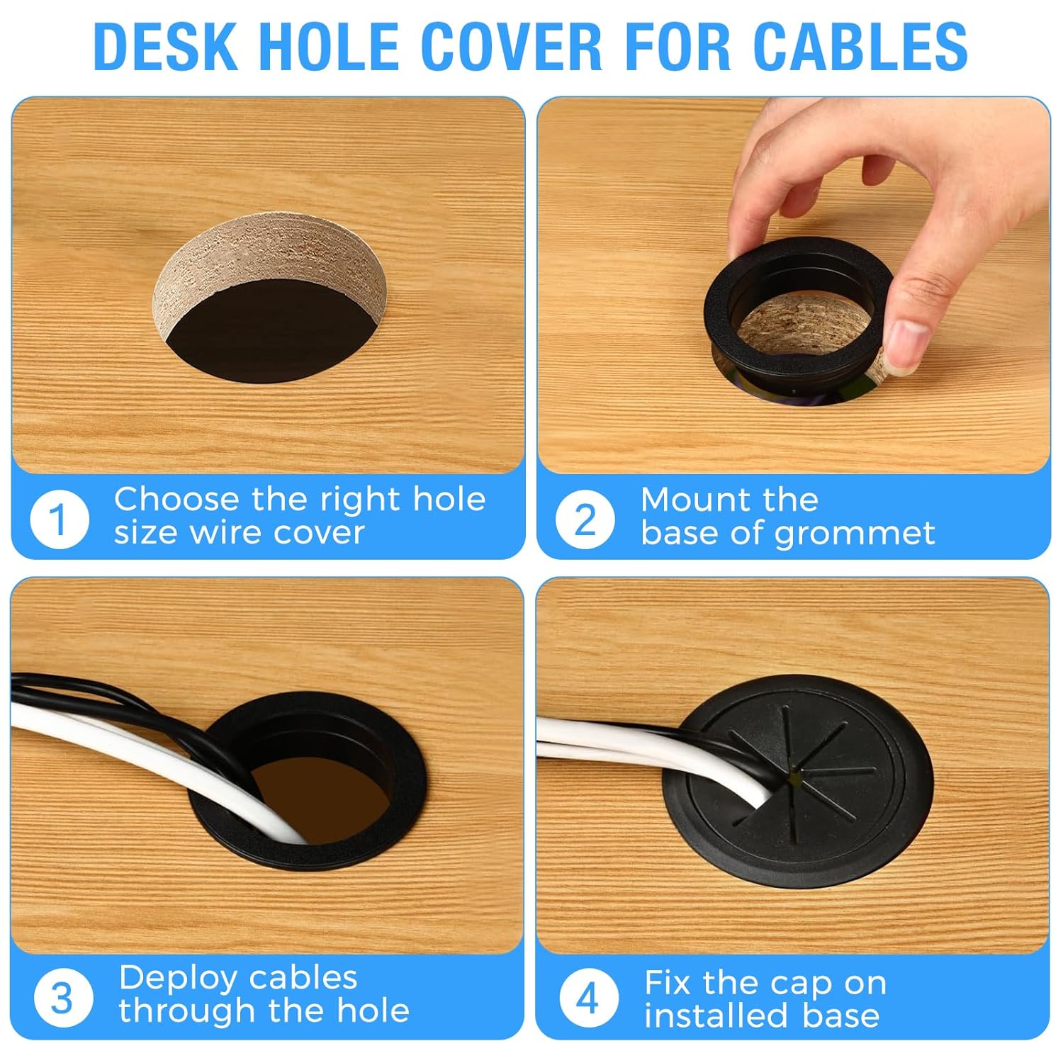 Desk Grommet 2-3/8" (60 mm), Desk Hole Cover for Cables Black, Cable Grommet ABS Plastic, Desk Hole Grommet for Office and Home Table Cable, Detachable & Flexible Cable Cord Organizer-4 Pcs