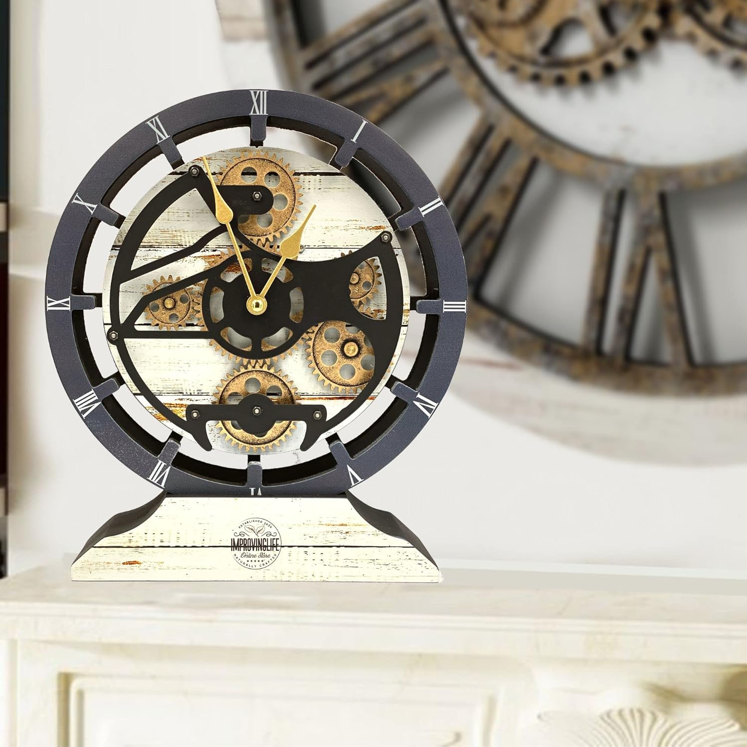 ImprovingLife The Gears Clock Desk Clock 10 inches with Real Moving Gears Convertible into Wall Clock (Desert Beige)