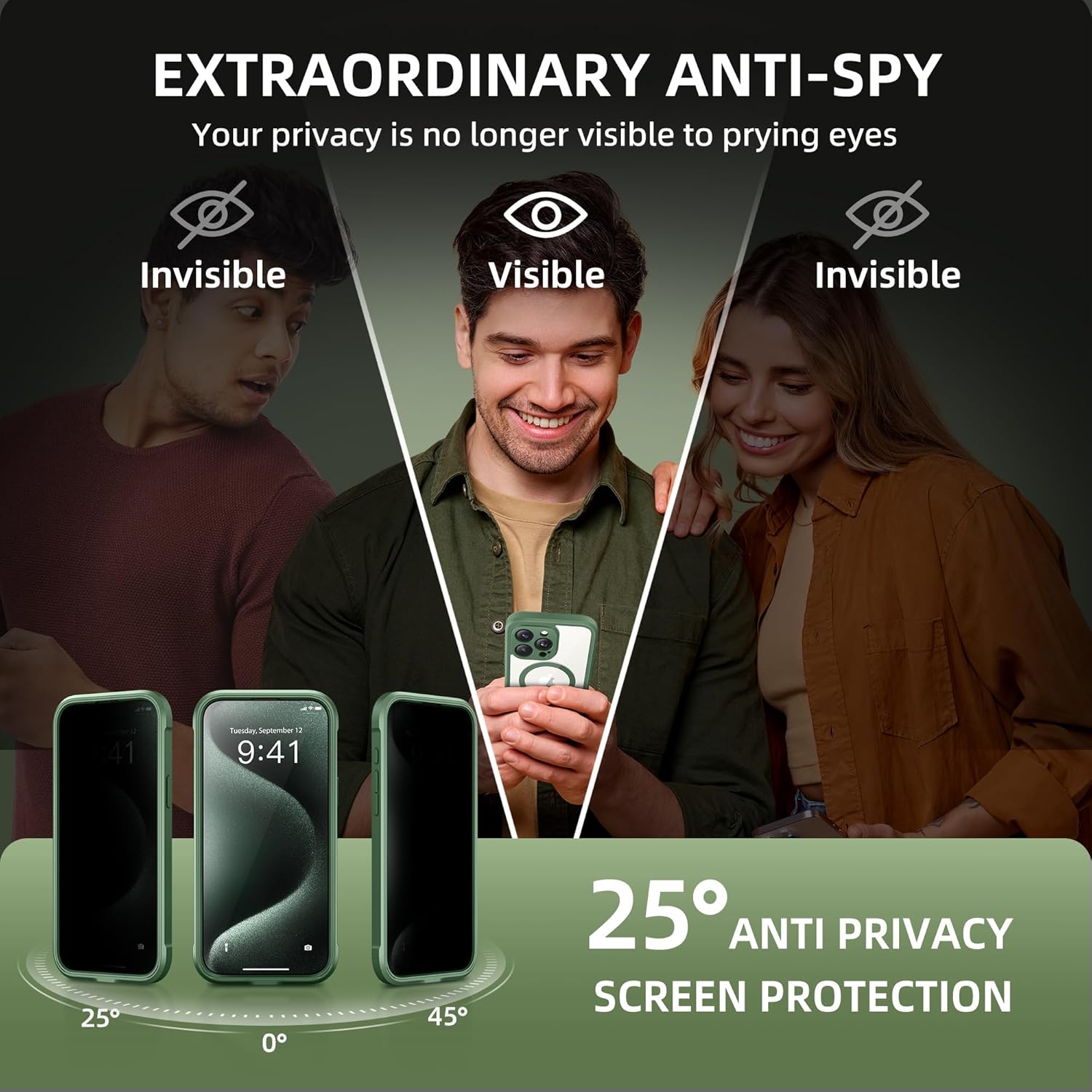 Magnetic for iPhone 15 Pro Max Case, Compatible with MagSafe, Built-in Privacy Screen Protector and Camera Protection, Anti Spy Full Body Dustproof Shockproof Hard Phone Case 6.7", Pine Green
