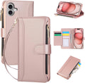 Compatible with iPhone 16 Wallet Phone Case-PU Leather Magnetic Flip Cover with Credit Card Slots,Zipper Pocket & Detachable Wrist Strap,Shockproof Design,for Women and Men-Pink