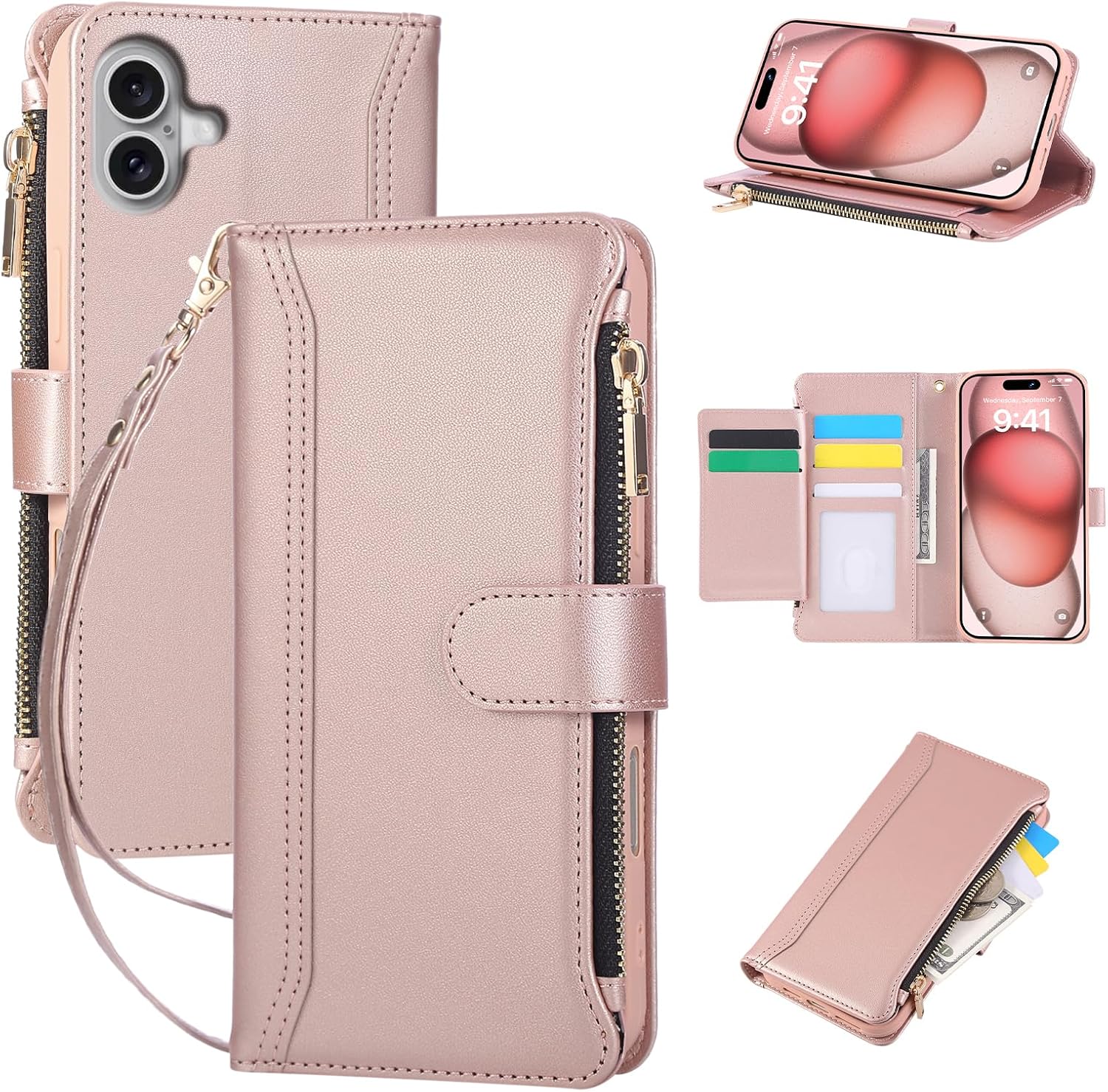 Compatible with iPhone 16 Wallet Phone Case-PU Leather Magnetic Flip Cover with Credit Card Slots,Zipper Pocket & Detachable Wrist Strap,Shockproof Design,for Women and Men-Pink