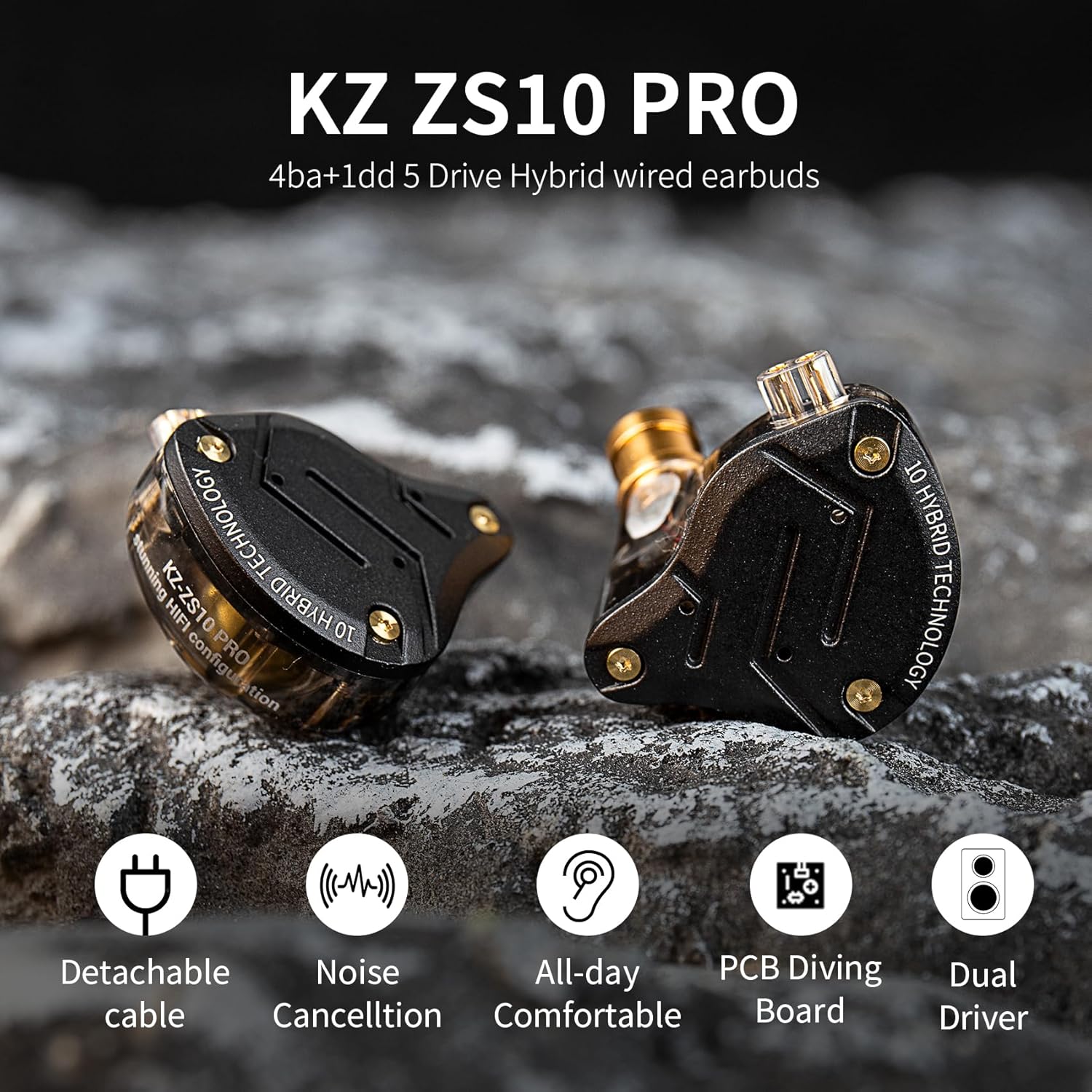 KZ ZS10 Pro in Ear Monitor, 4BA 1DD KZ Wired Headphone Multi Driver in Ear Earphone, IEM Headphones on Stage HiFi Monitor for Singer Guitarist Drummer (Matte Black with Mic)
