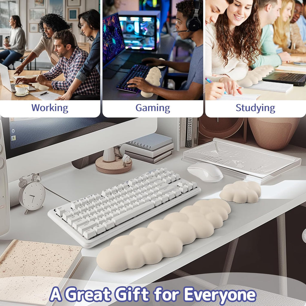 Cloud Wrist Rest Keyboard, Cloud Keyboard Wrist Pad Set with PU Leather Memory Foam, Cute Arm Rest for Palm Support, PC/Gaming Desk Accessories/Office Setup/Computer Hand Cushion - Beige