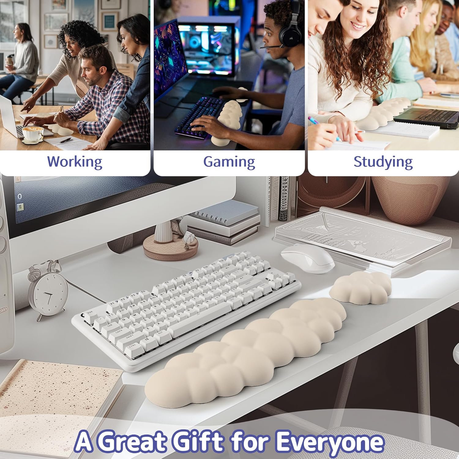 Cloud Wrist Rest Keyboard, Cloud Keyboard Wrist Pad Set with PU Leather Memory Foam, Cute Arm Rest for Palm Support, PC/Gaming Desk Accessories/Office Setup/Computer Hand Cushion - Beige