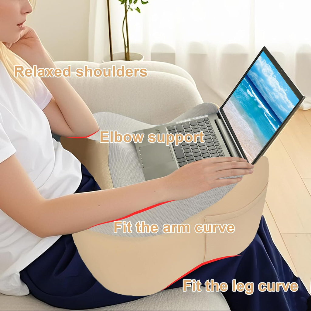 XWZO Laptop Lap Desk with Cushion, Ergonomic Wrist Rest Home Office Laptop Desk, Portable Memory Foam Arm Rest Gaming Pillow, Work or Sleep Pillow Stand for Bed, Eye Mask Included, Beige