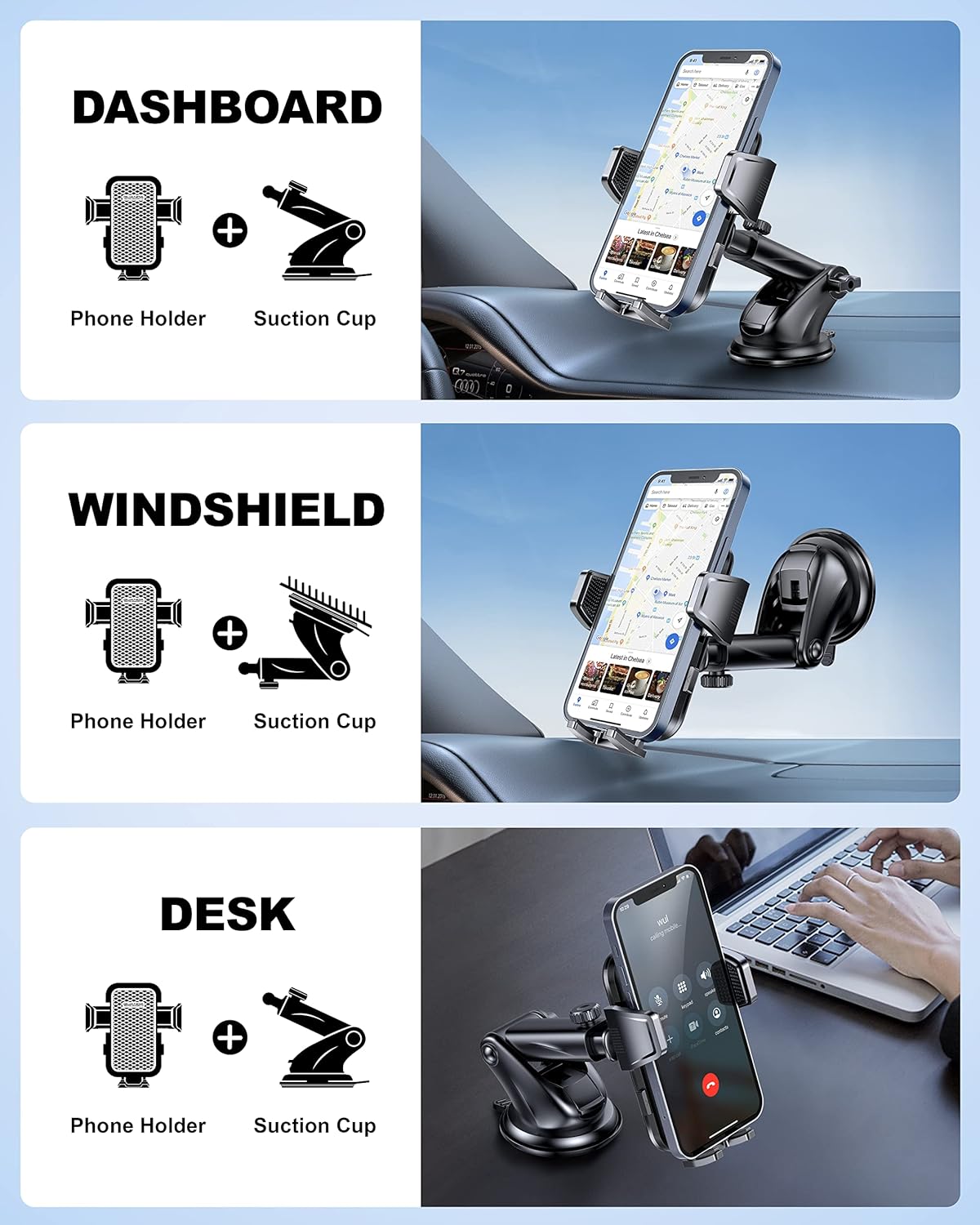 Suction Cup Car Phone Mount for Windshield/Dashboard, Hand Free Mobile Phone Holder for Car, Universal Cell Phone Holder Stand for iPhone 15 14 13 12 Pro Max Samsung Android 【Thick Case Friendly】