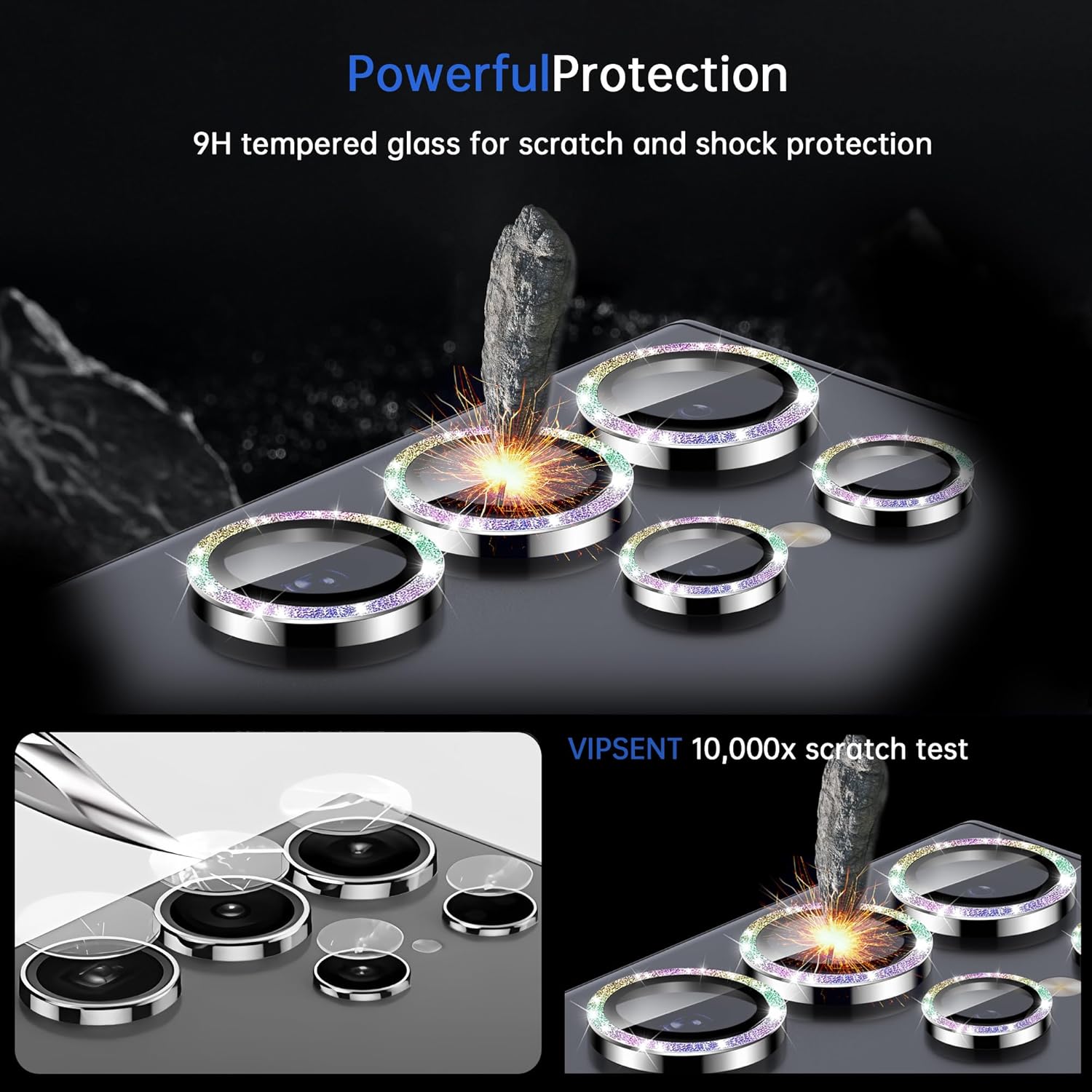 For Samsung Galaxy S24 Ultra Camera Lens Protector, Individual Lens Protector, Ultra HD 9H Tempered Glass Screen Protective Cover, Anti-scratch, Military Grade Drop Protection 2 Set. (Glitter Colorful, S24 Ultra)