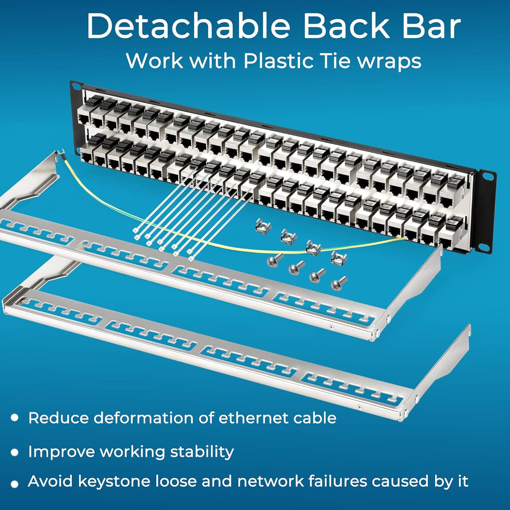Rapink 48 Port Cat6A Patch Panel with Inline Keystone 10G Support, Shielded STP, 1U Network Patch Panel for Cat7, Cat6, Cat6A, Cat5e