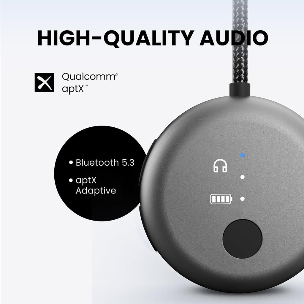 Avantree SoundJet R1 – Airplane Bluetooth Adapter for Headphones & AirPods, aptX Adaptive, Qualcomm Chipset, 20H Battery, Wireless Audio Transmitter for in-Flight Travel Essentials - Metallic Black