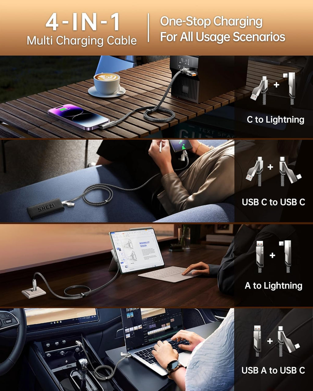 4-in-1 Long USB C Cable 10FT Compatible with Lightning Cable 90 Degree Fast Charging Flat Nylon Braided for iPhone/iPad Charger Cord Multi Charge Cord with L/USB C/USB A Ports, Grey
