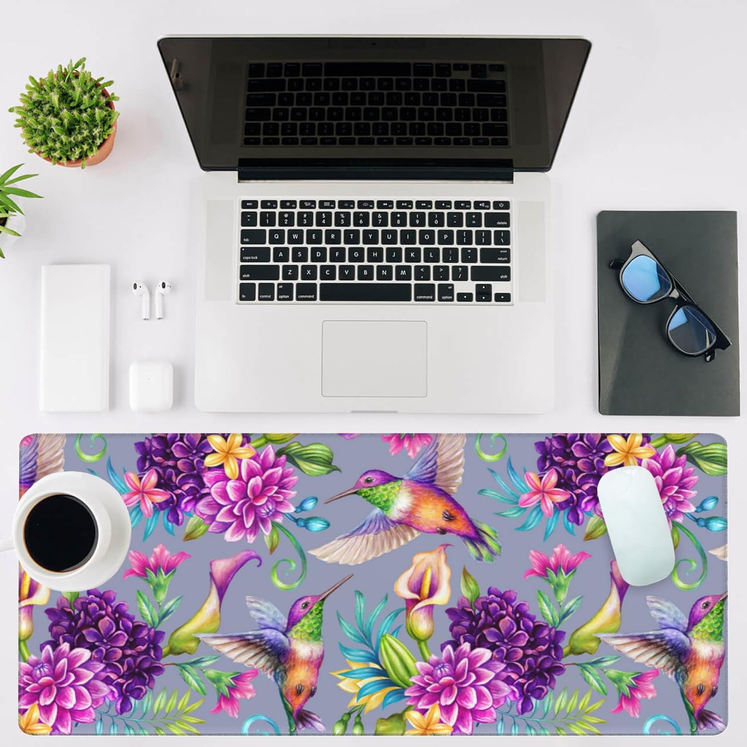 Mouse Pad Large Humming Bird and Flowers Non-Slip Gaming Desk Mat with Stitched Edge Laptop Keyboard Desk Pad for Work Home Gaming (35.4 x 15.7 Inches)