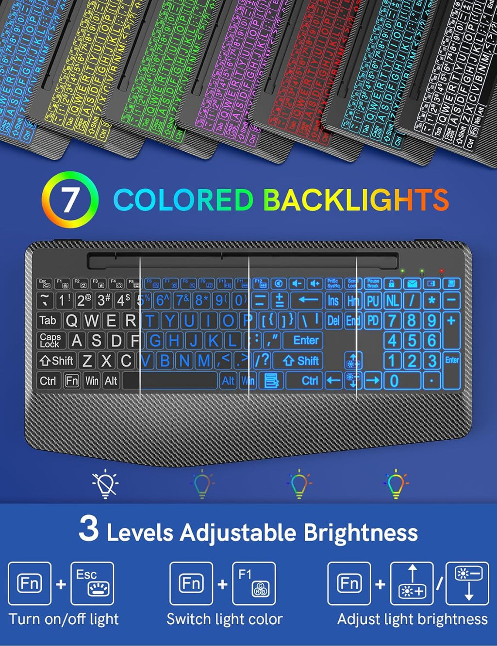 Wireless Keyboard with 7 Colored Backlits, Wrist Rest, Phone Holder, Rechargeable Ergonomic Computer Keyboard with Silent Keys, Full Size Lighted Keyboard for Windows, Mac, PC, Laptop (Large Print)