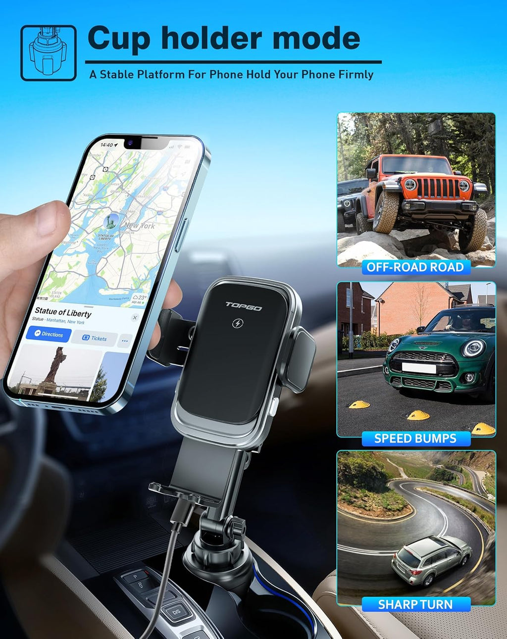 TOPGO [Upgraded Cup Phone Mount Wireless Charger, Universal Cell Phone Holder Car Charger Wireless Charger Cup Phone Holder Fast Charging for iPhone16 Pro Max, Samsung Galaxy - Black