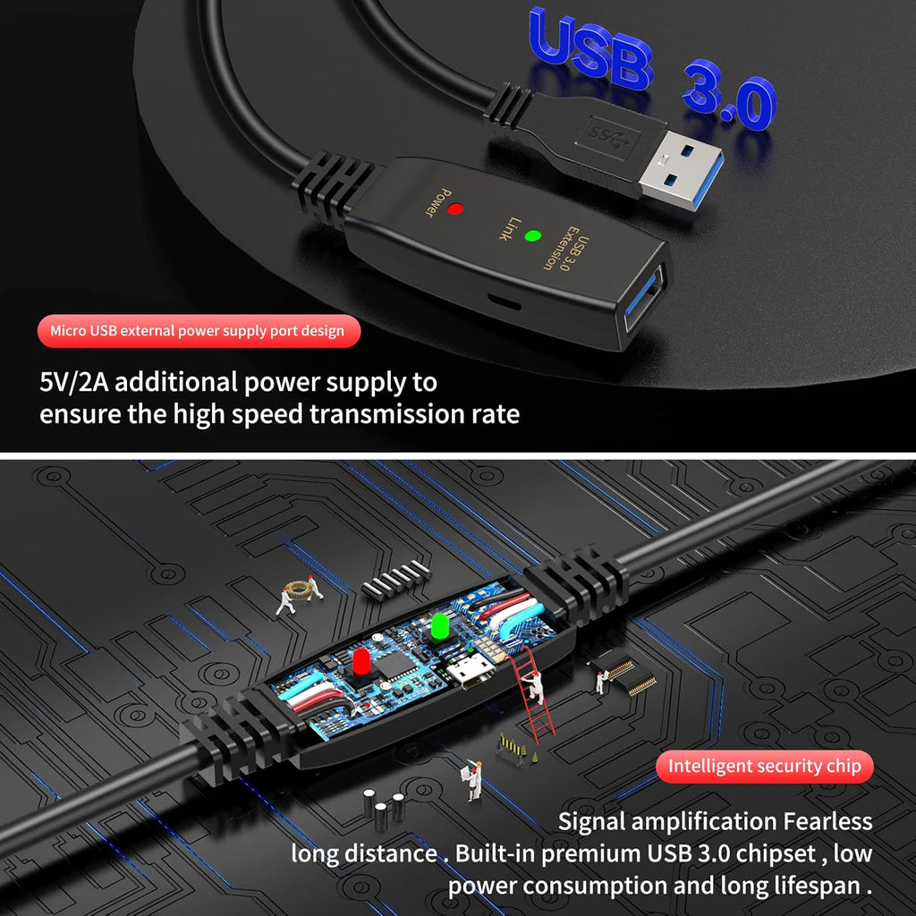 LDKCOK Active USB 3.0 Extension Cable 60ft– Male to Female Extender Cord, USB Extension Cable for USB Flash Drive, Card Reader, Hard Drive, Keyboard, PlayStation, Xbox, VR, Printer, Camera, Laptop