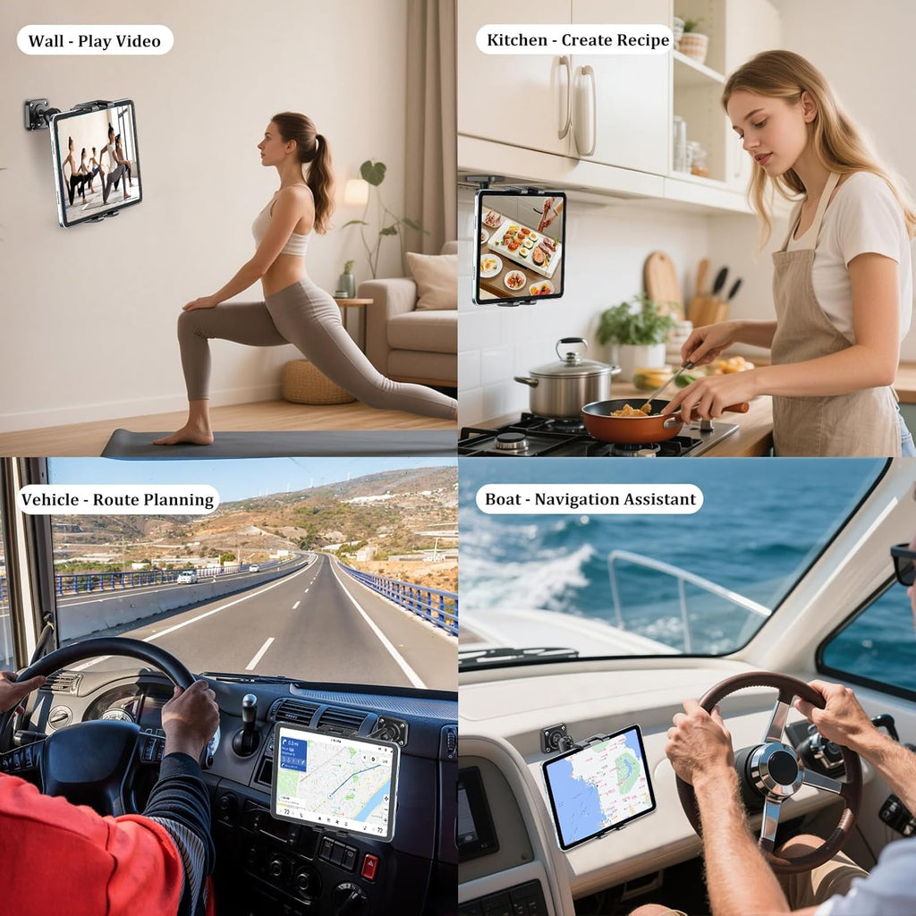 PLDHPRO Tablet Wall Mount Holder with Drill Base, Adjustable iPad Wall Mounted Stand Compatible with 5.1'' - 15.6'' Phones Tablets for Truck Dashboard Desk Kitchen Cabinet
