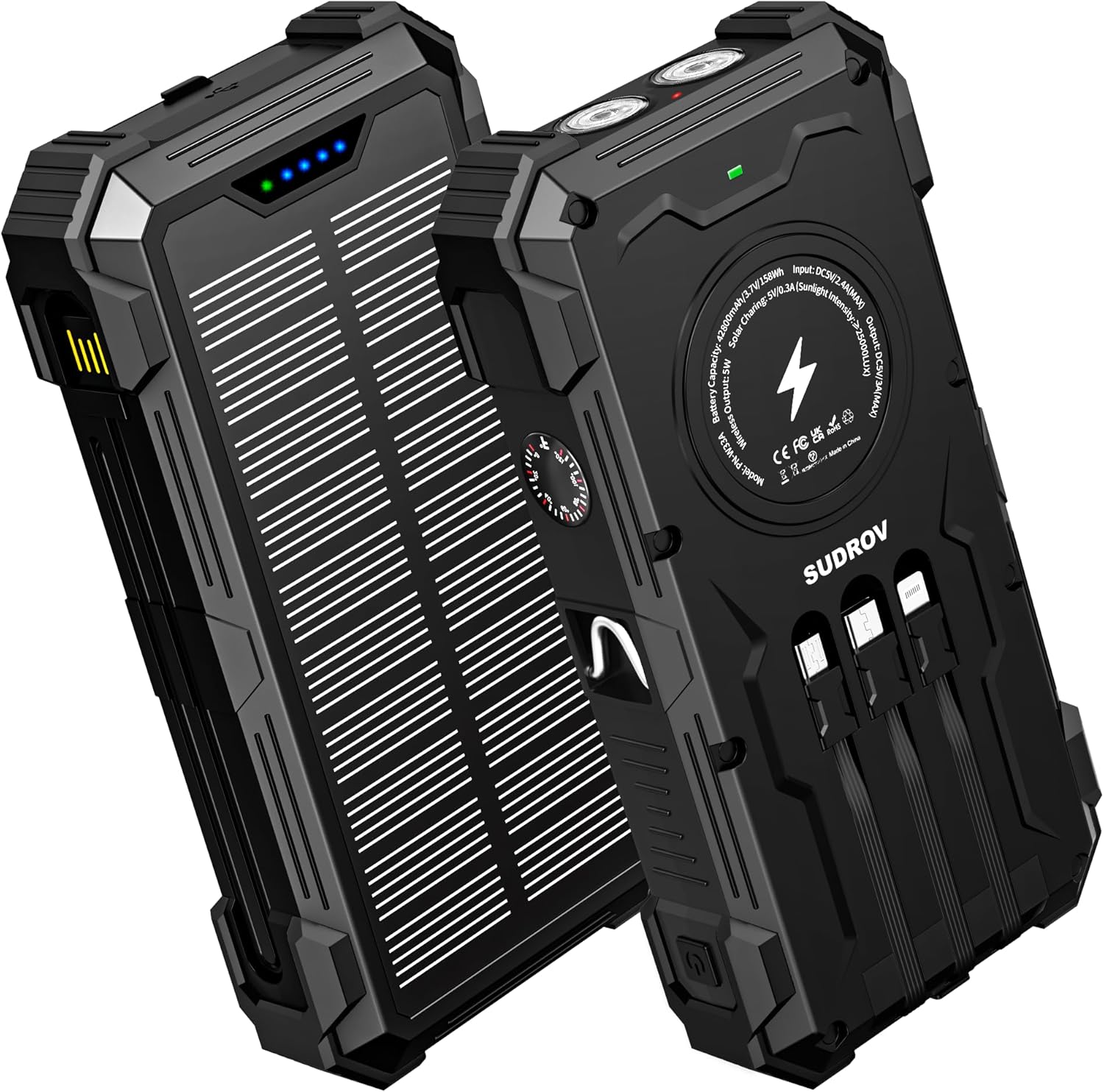 Solar Charger Power Bank, 42800mAh Wireless Portable Charger with USB-C in/Output, QC3.0 Fast Charging 15W 4 Ports Outdoor Battery Pack Built-in Dual Led Flashlights for iPhone Samsung etc