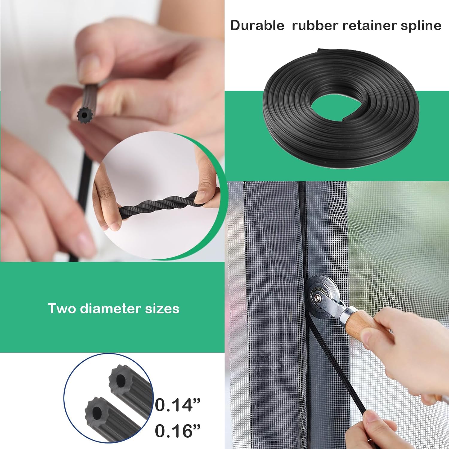 Screen Tool for Window Screen Replacement - Two Spline Roller (Steel and Nylon Bearing Roller), Spline Removal Hook, Two Sizes Screen Spline, Utility Knife, Tape Measure, Tooltriz