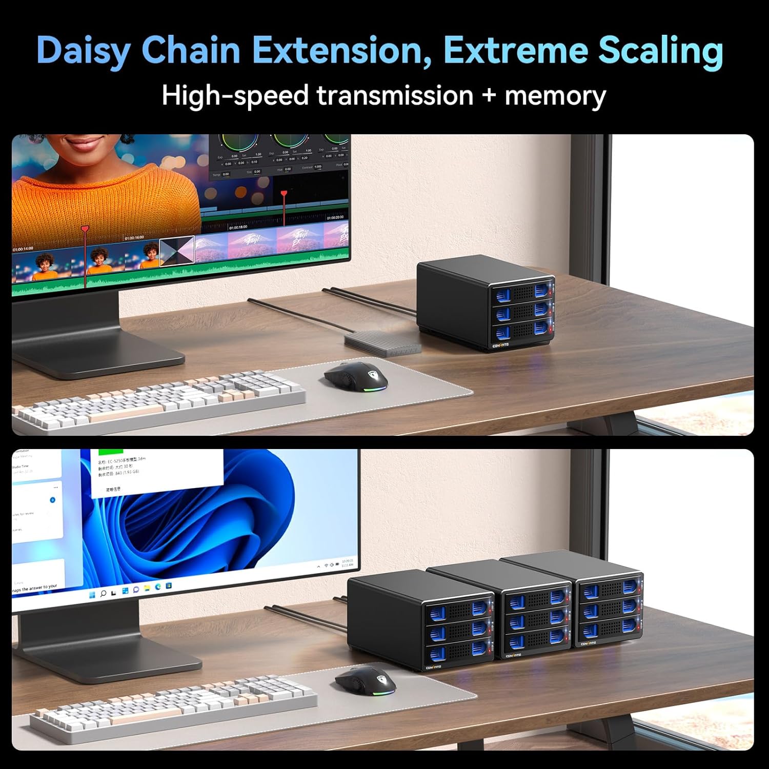 3 Bay 10Gbps Hard Drive Enclosure with Cooling Fan for 2.5“/3.5" SATA HDD/SSD with USB A/C 3.2 Gen 2, Support Hot Swappable, Daisy Chain Expansion, Tool-Free, DAS(NO RAID/NAS)