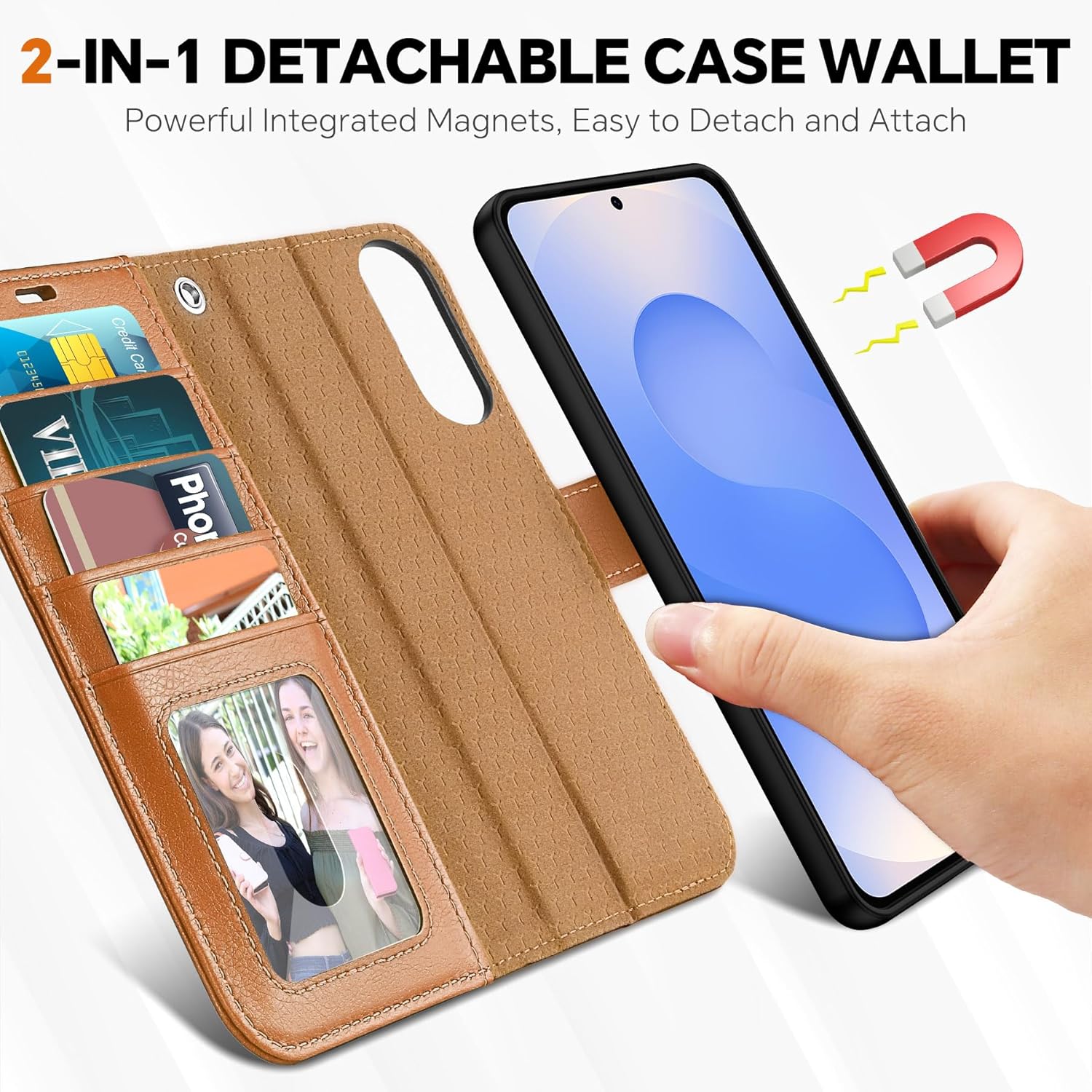 TUCCH Wallet Case for Galaxy S25 Edge, Removable 2 in 1 RFID Blocking [4 Card Slot] Wrist Strap [Wireless Charging] Kickstand PU Leather Magnetic Detachable Protective Cover for Galaxy S25 Edge, Brown