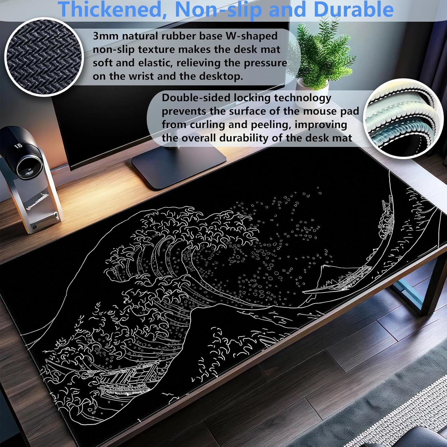 Japanese Great Wave Off Kanagawa Gaming Mouse Pad - XL Extended Ukiyo-e Art Desk Mat, Non-Slip Waterproof Rubber Base & Stitched Edges, 31.5 x 15.7 Inch Large Computer Mousepad
