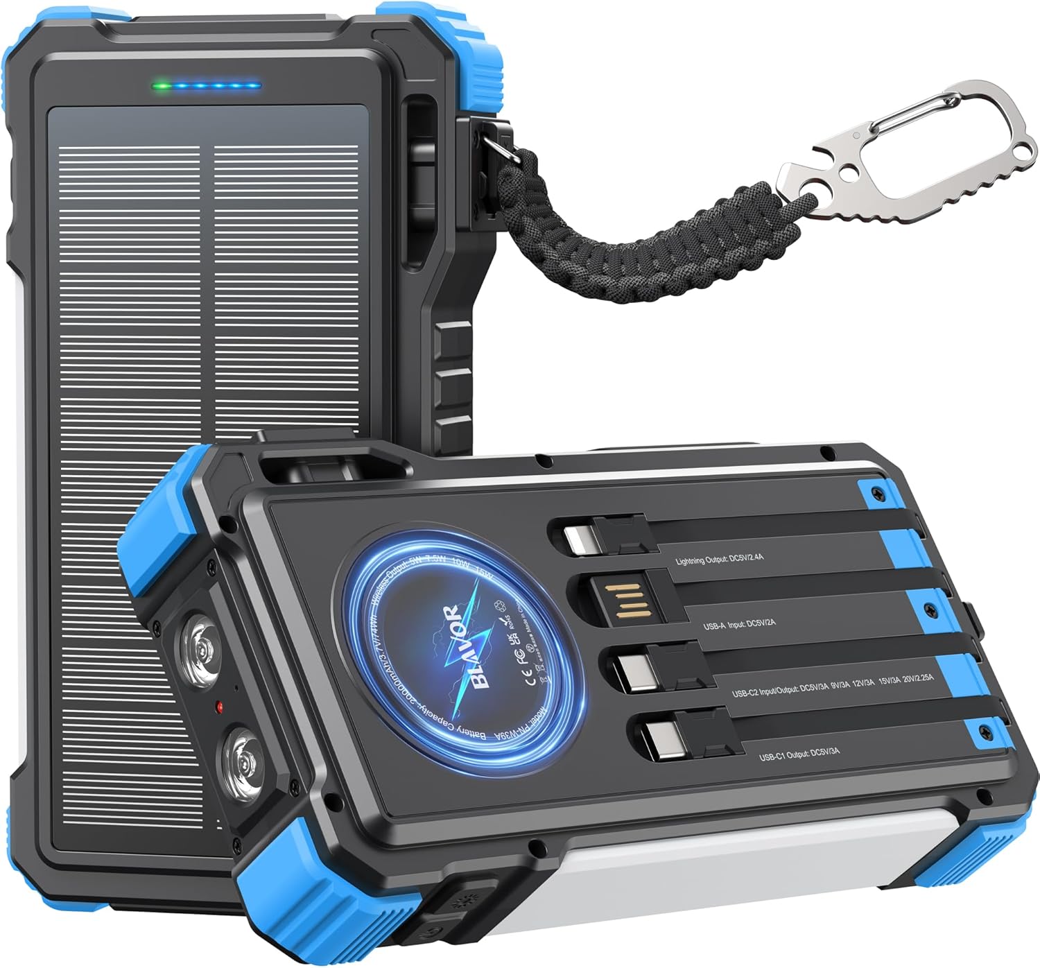 BLAVOR 45W Solar Charger Power Bank - 74000mwh Wireless Portable Charger Built-in Cables, PD QC Fast Charging Battery Pack with USB C for Cell Phones, Dual Flashlight & Carabiner for Camping, Hiking