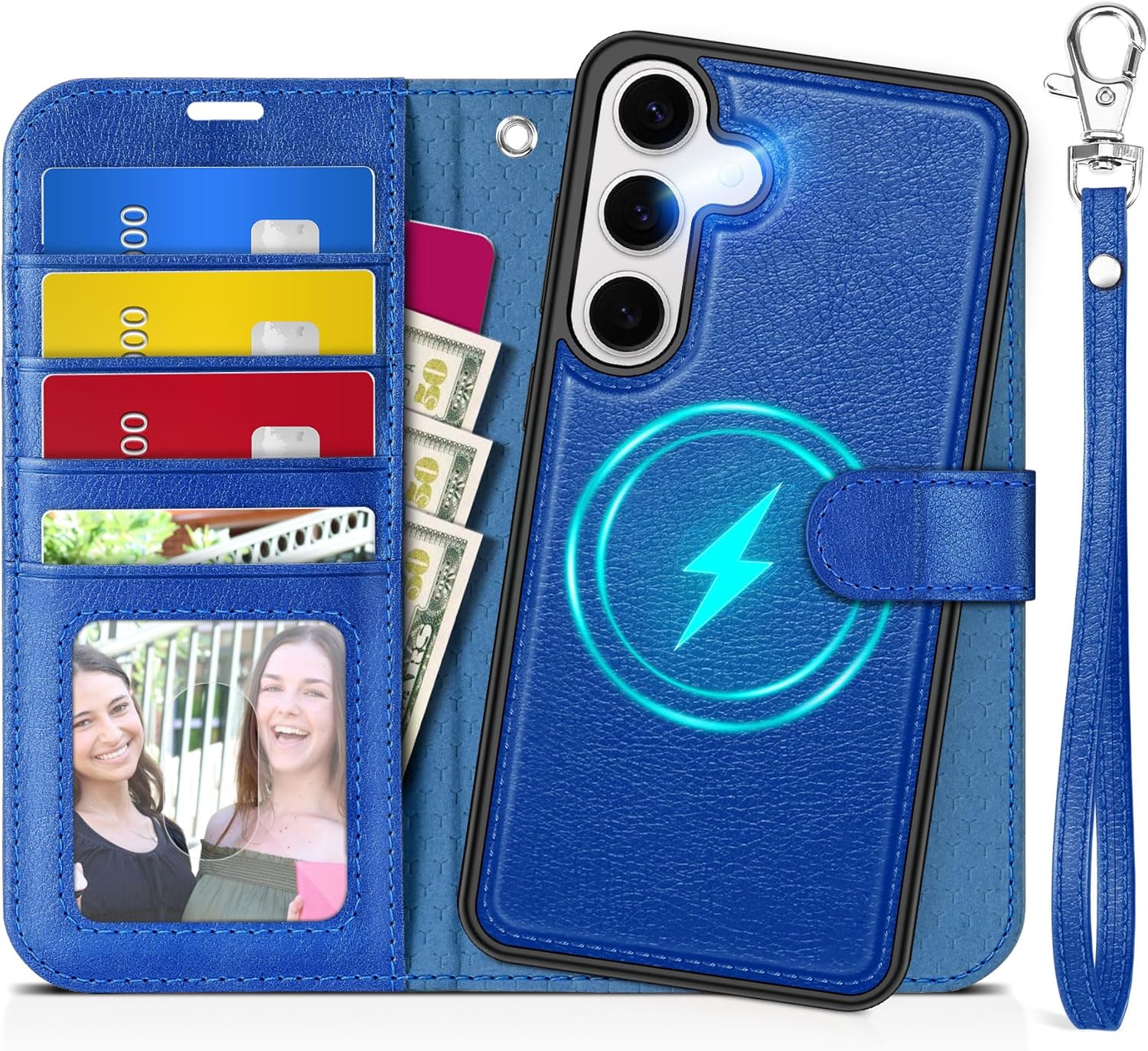 TUCCH Case Wallet for Galaxy S25 Plus, Removable [2 in 1] [Wireless Charging] Wrist Strap PU Leather Magnetic Stand RFID Blocking [4 Card Slots] Detachable Folio for Galaxy S25 Plus 6.7", Klein Blue