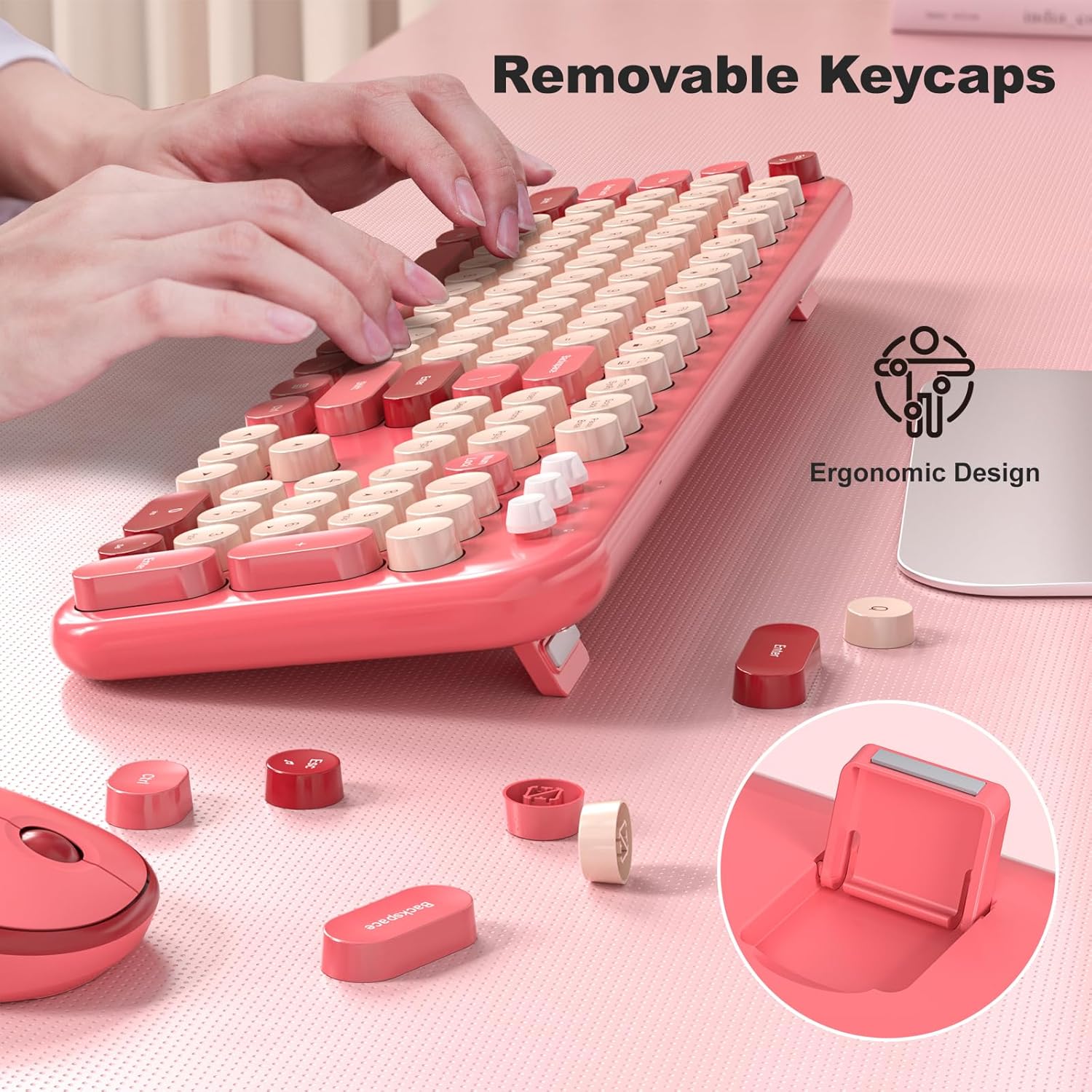 KNOWSQT Wireless Keyboard and Mouse Combo - Lovely Red Rainbow Full-Sized Typewriter Colorful Keyboards, Round Keycap USB Plug Play Retro Cute Keyboards for Windows, Laptop, PC, Desktop, Computer