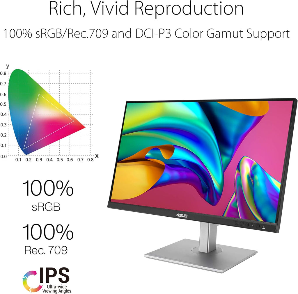 ASUS ProArt Display 27" Monitor PA278CV - WQHD (2560 x 1440), IPS, 100% sRGB, 100% Rec. 709, ΔE < 2, Calman Verified, USB Hub, USB-C, DisplayPort Daisy-chaining, HDMI, Eye Care, Height Adjustable