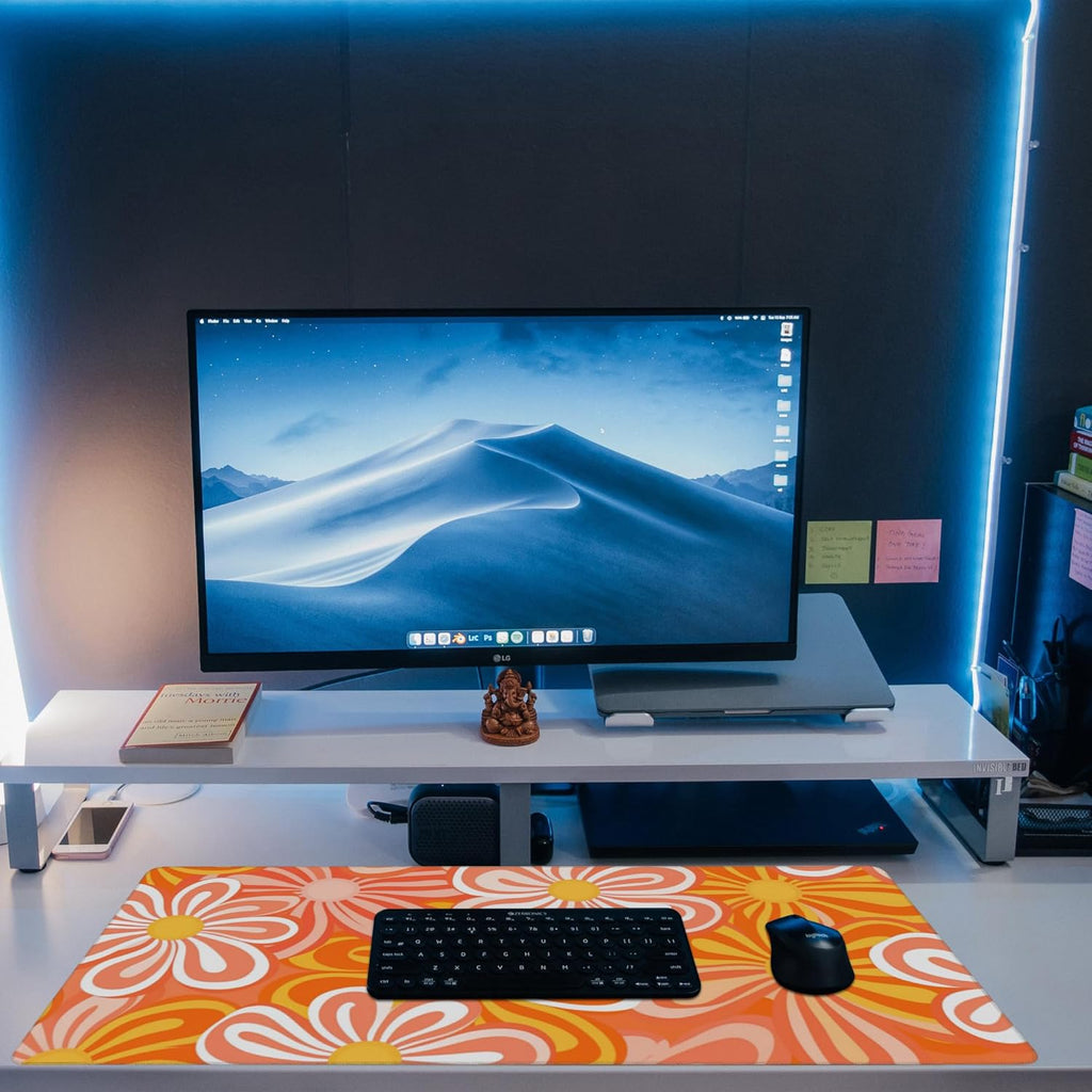 Desk Pad,Hippie Vintage Orange Flowers Desk Mat,Retro Floral Large Gaming Mouse Pad for Desk,Extended Big Computer Keyboard Mouse Pad with Non-Slip Base and Stitched Edge,35.4"x15.7"