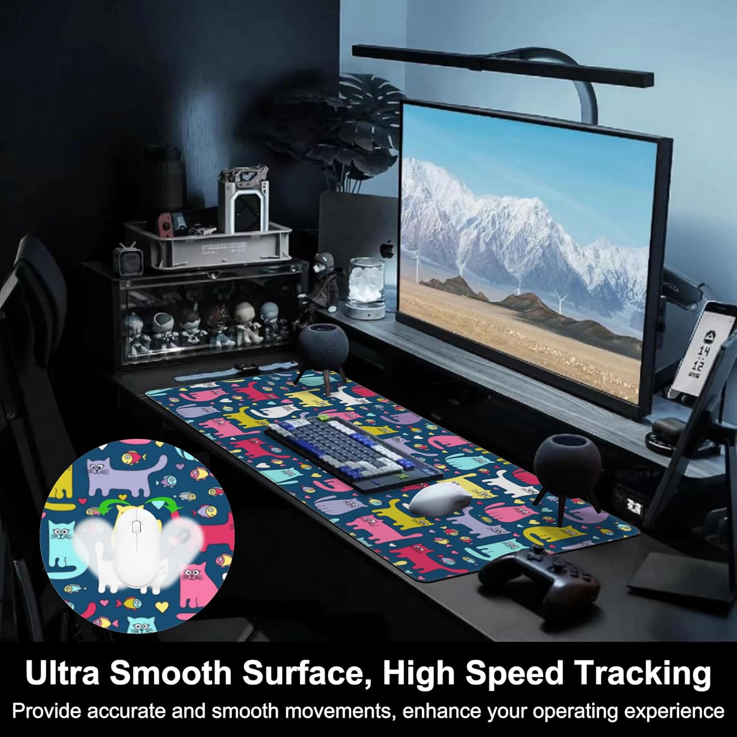 Mouse Pad, Large Cartoon Cats and Fish Desk Mat, Extended Non-Slip Gaming Keyboard Mousepad Desk Pad, Thick Stitched Edges Waterproof Mouse Mat 31.5"x15.7" (Funny Doodle Kittens)