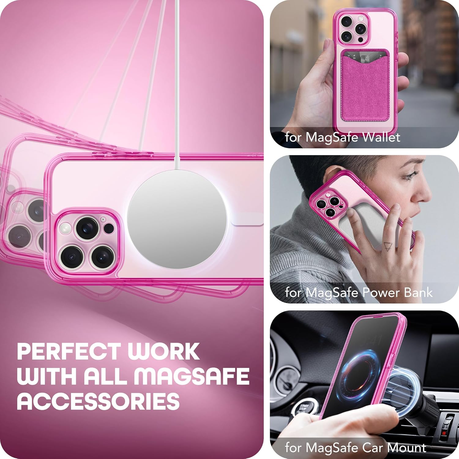 Magnetic for iPhone 15 Pro Case, Compatible with MagSafe, Built-in Privacy Screen Protector and Camera Protection, Anti Spy Full Body Dustproof Shockproof Hard Phone Case 6.1", Bright Pink