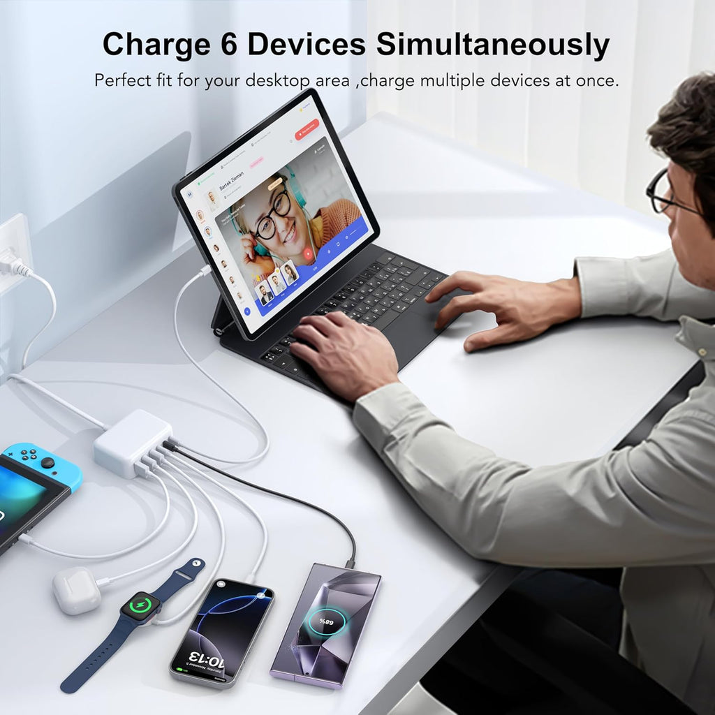 USB C Fast Charger, 100W GaN 6 Port Type C Charging Station Hub Block Cube, USB C Wall Charger Power Strip Adapter Plug for iPad iPhone 16 15 14 13 12 Pro Max Pixel Note Galaxy, 5ft Cord