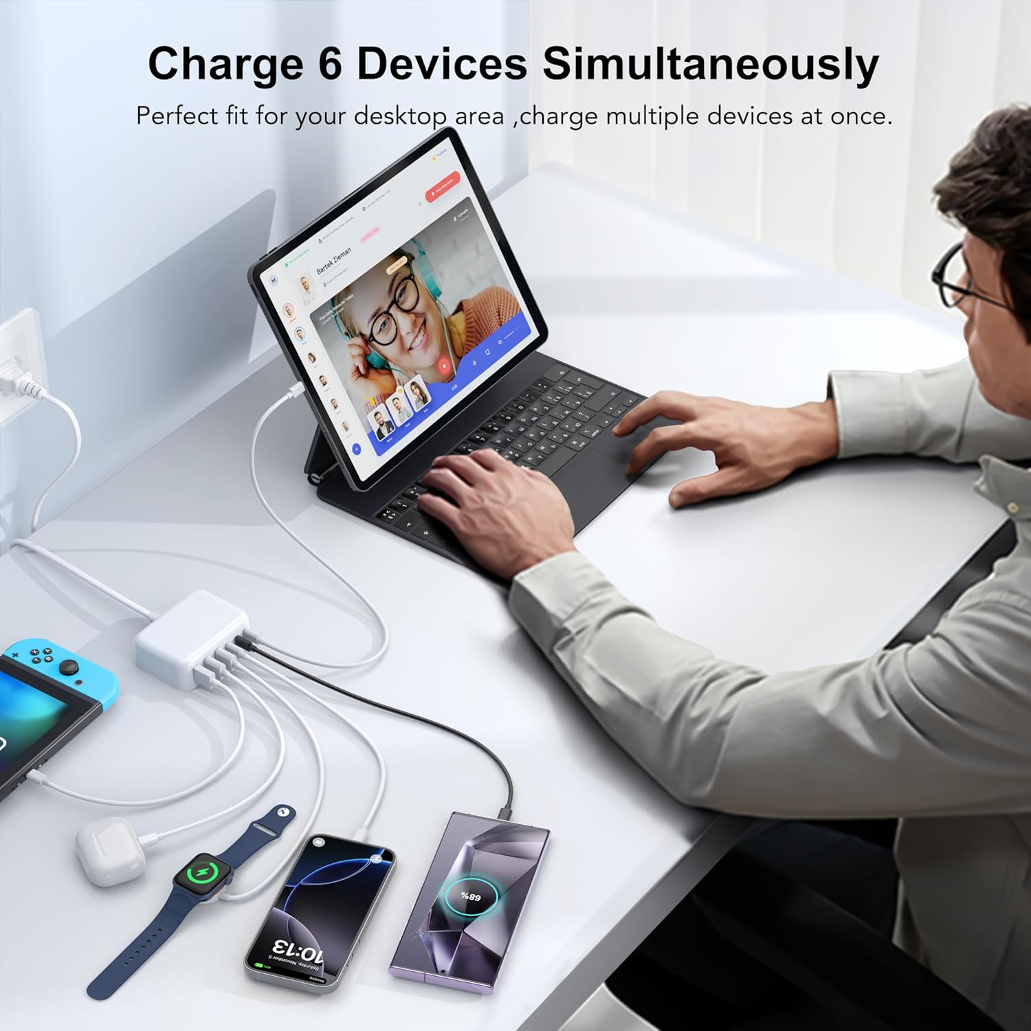 USB C Fast Charger, 100W GaN 6 Port Type C Charging Station Hub Block Cube, USB C Wall Charger Power Strip Adapter Plug for iPad iPhone 16 15 14 13 12 Pro Max Pixel Note Galaxy, 5ft Cord