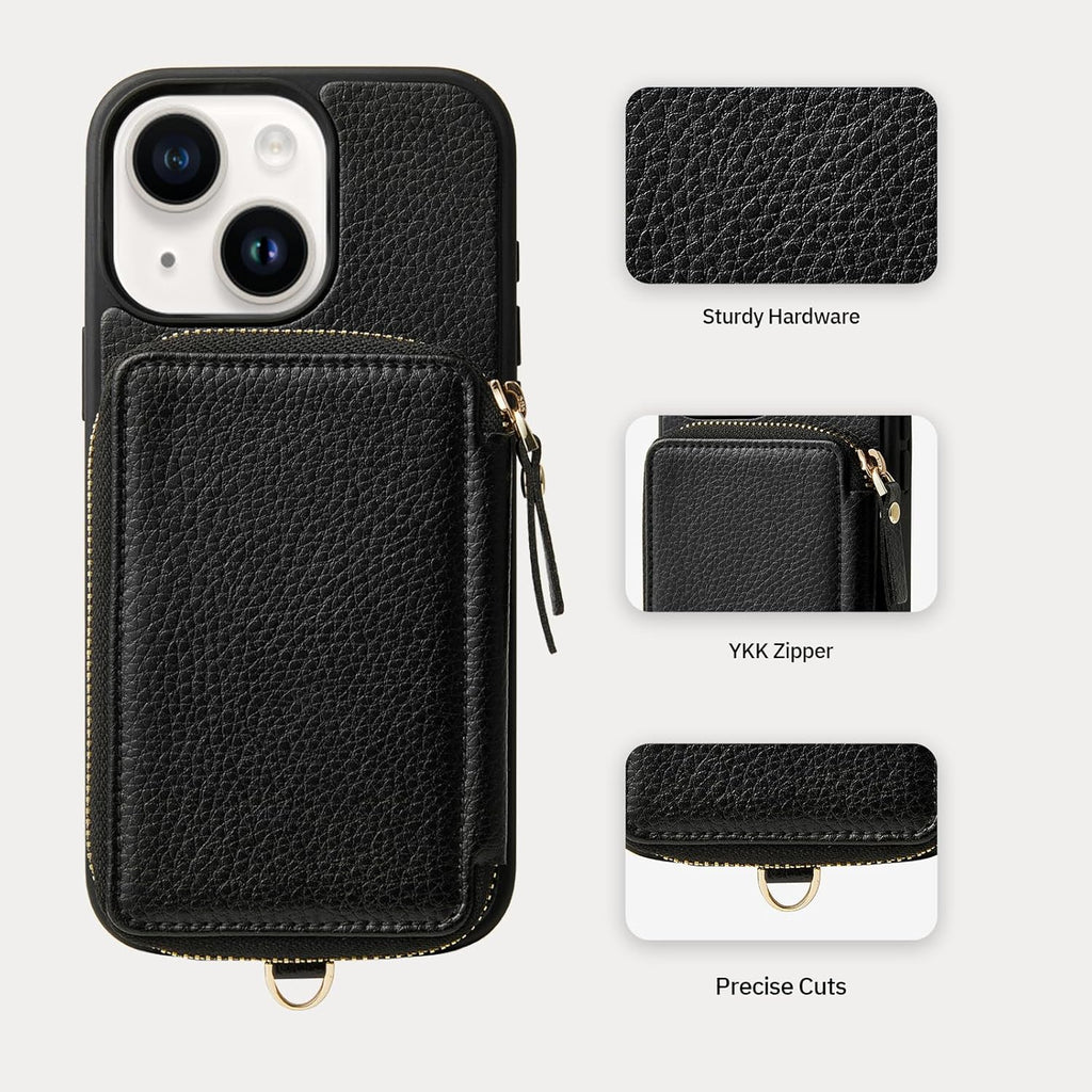 ZVE Wallet Case for iPhone 15, Phone Case Wallet with Card Holder Wrist Strap Compatible iPhone 15, RFID Blocking Zipper Faux Leather Cover for Women Gift for iPhone 15, 6.1"(2023) - Black
