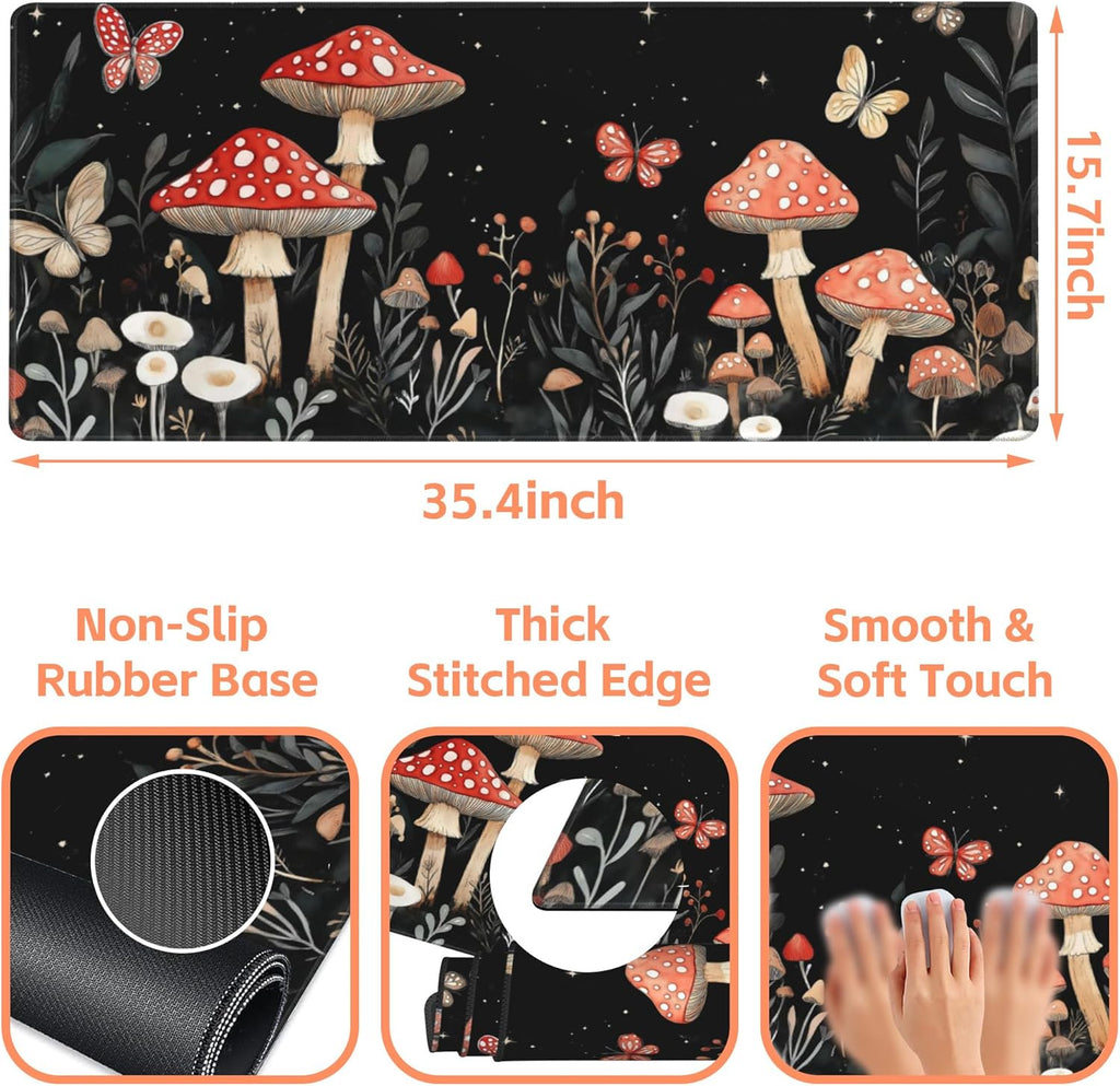 Mouse Pad Large Magical Fantasy Mushroom Non-Slip Game Desk Mat with Stitched Edge Laptop Keyboard Desk Pad for Work Home Gaming (35.4 x 15.7 Inches)