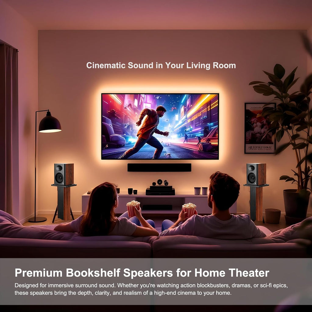 Bookshelf Speakers with Deep Bass, 80W Peak Output HiFi Gaming Computer Speakers, 4" Desktop Audio System for Home Entertainment, Turntable, Pair, Walnut