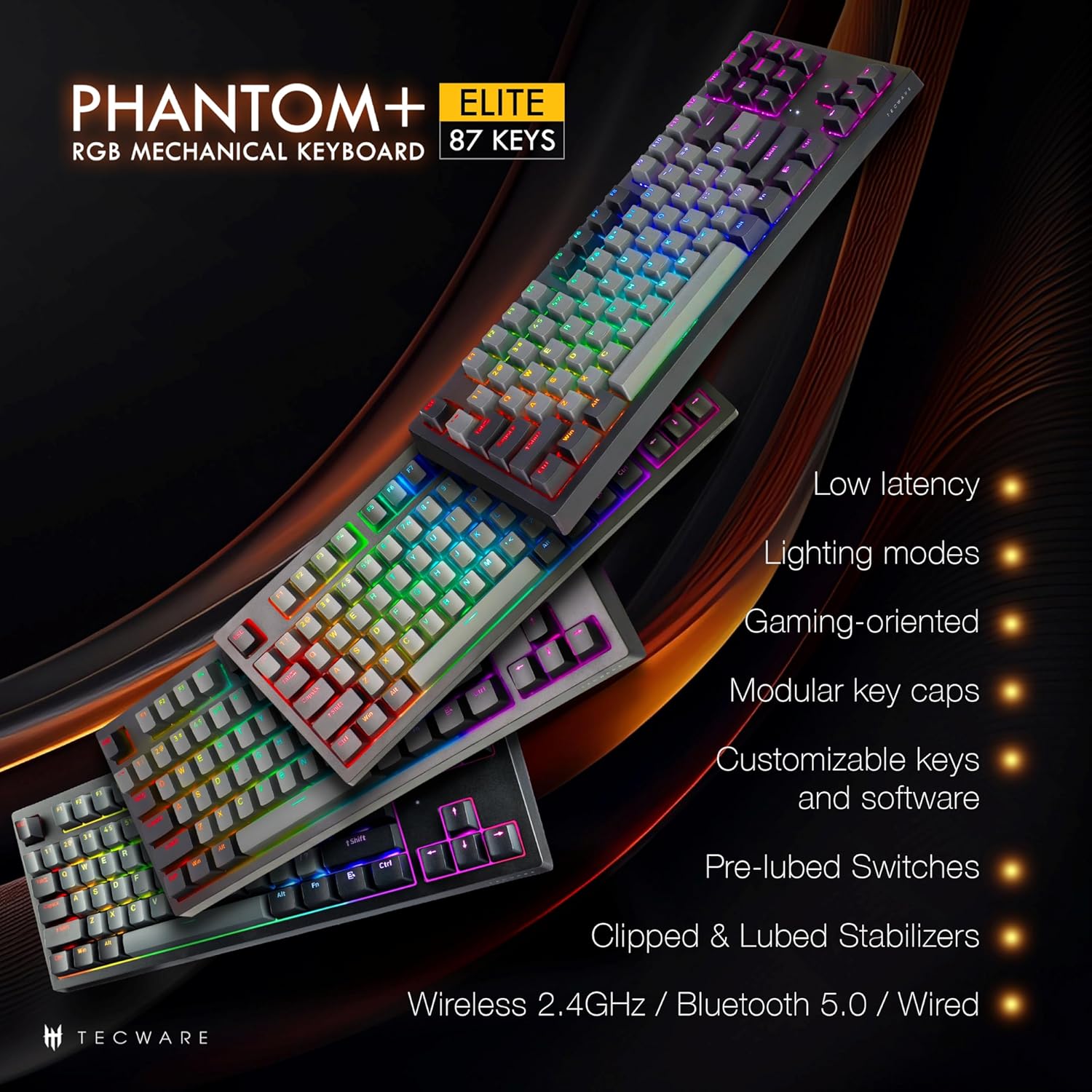 TECWARE Phantom+ Elite 87 Key RGB Mechanical Gaming Keyboard, LED Backlit, Universal Hot-Swap, Wired and Wireless, 3 Mode Connectivity, Thocky Sounding, Black Elite Wraith Orange