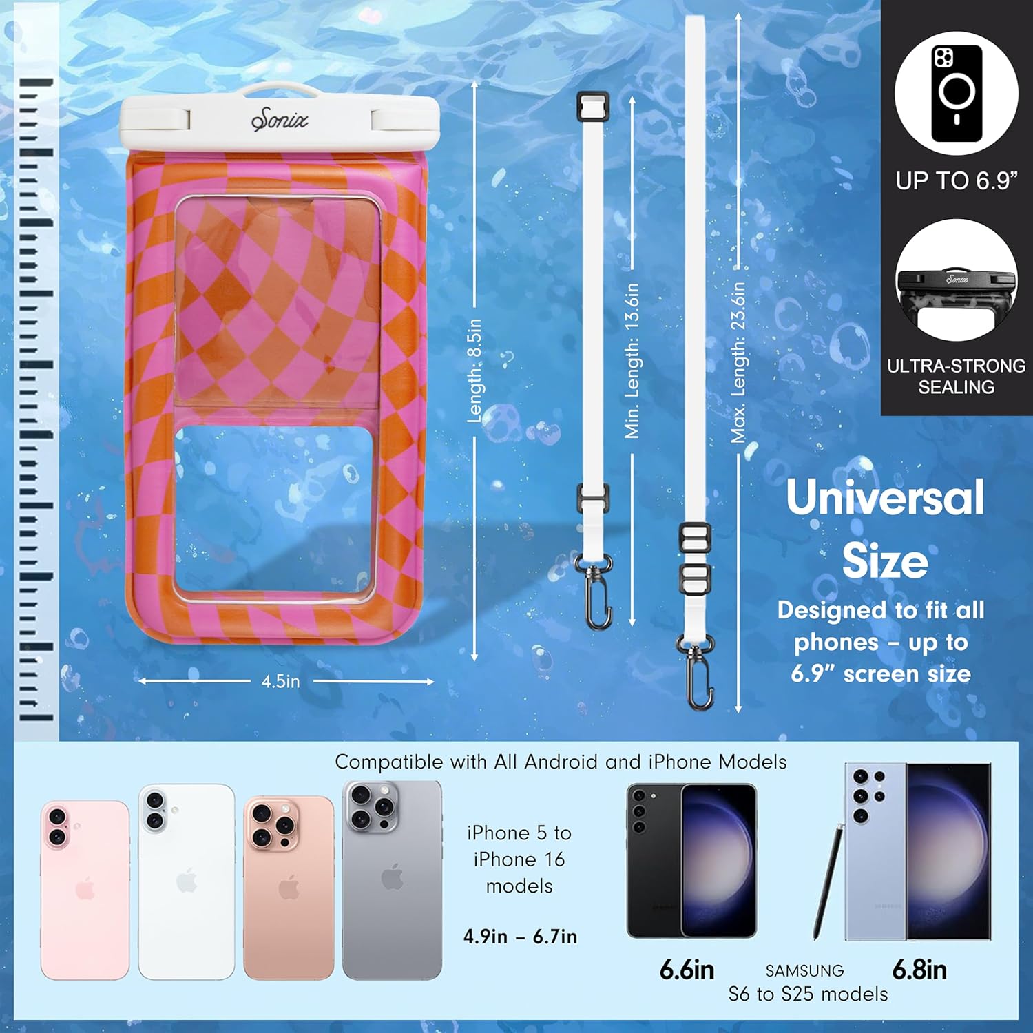 Sonix Waterproof Phone Pouch - Floating Phone Case Dry Bag w/Crossbody Lanyard - Beach Cruise Travel Essentials - Compatible w/All Devices, Touchscreen Friendly | Checkmate Pink/Orange