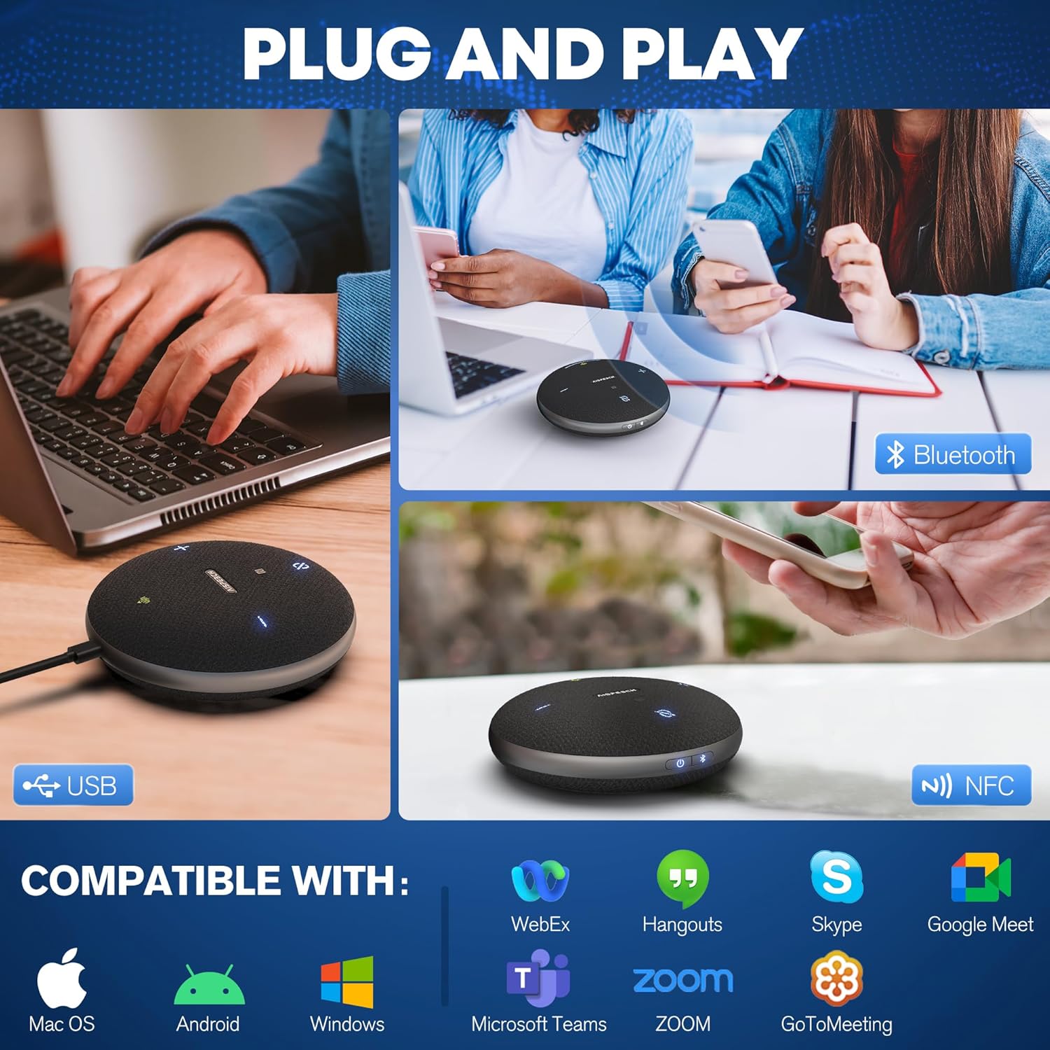 M4 Pro Speakerphone, Conference Microphone with Directional Voice Pickup, Enhanced Voice Pickup, AI Transcription, AI Noise Reduction, USB C, Bluetooth Speakerphone for Personal Workspaces