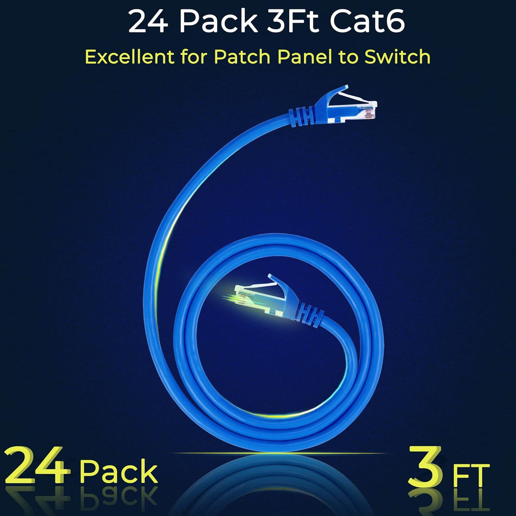 Rapink Patch Cables Cat6 3ft (24 Pack), Ethernet Patch Cable 10G Support, Cat 6 Patch Cable for Patch Panel to Switch, Flexiable Cat 6 Ethernet Cable with Gold Plated Blue