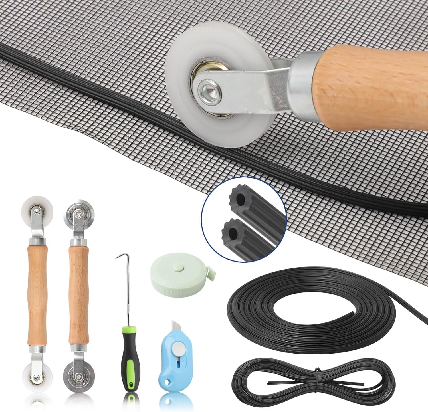 Window Screen Door Repair Kit Include Window Screens Mesh 48"x118" with All Tools in Window Screen Replacement(2pcs Screen Rollers, Screen splines, Hook, Utility Knife and Ruler), Yolovit
